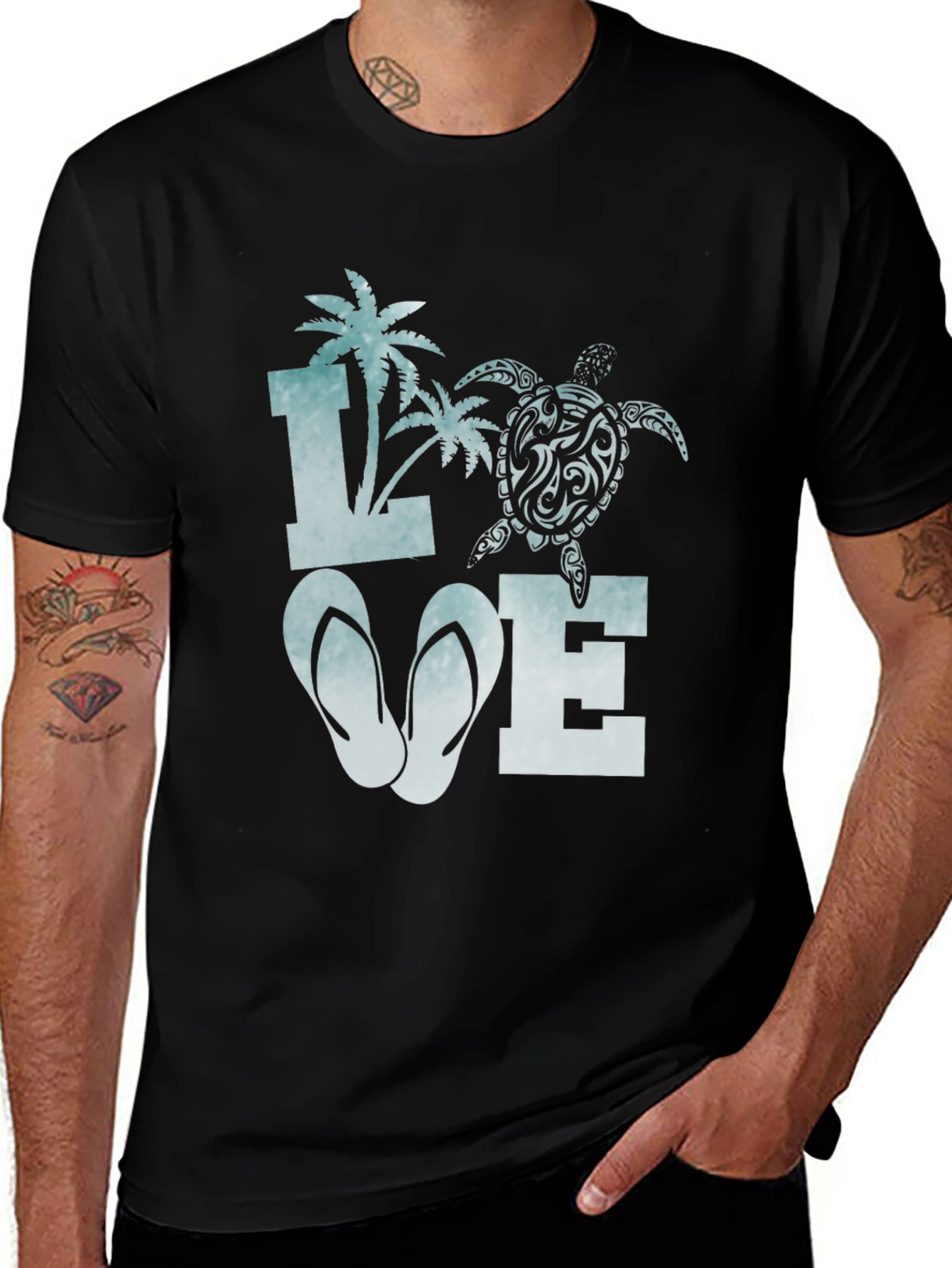 Love Beach T-Shirt: Palm Tree Turtle Flip Flop Design