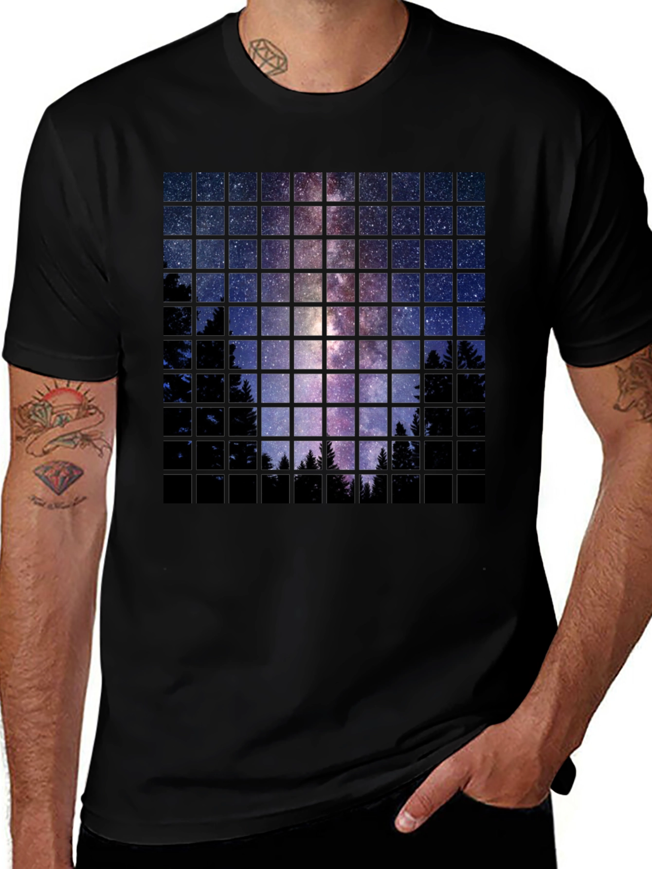 Milky Way Grid Tee - Night Sky Tree Silhouette Shirt