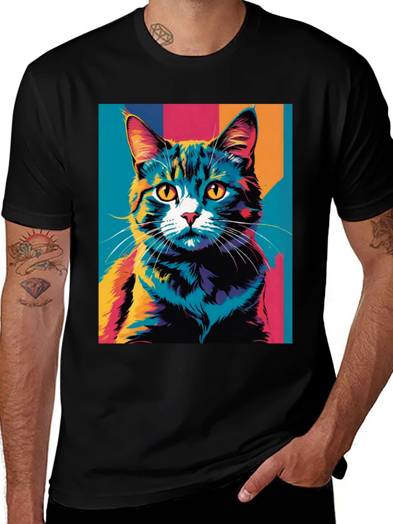 Variant 12 of Colorful Cat Graphic Black T-Shirt
