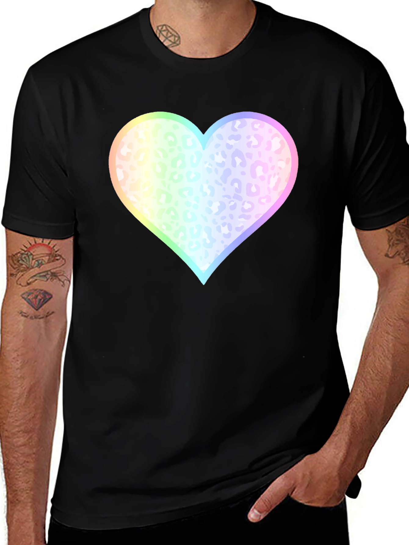 Variant 5 of Rainbow Leopard Print Heart T-Shirt - Black