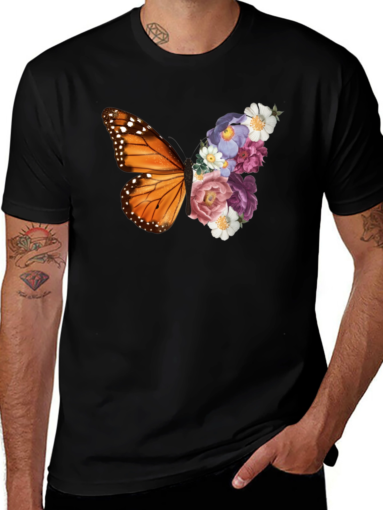 Variant 14 of Butterfly Floral Print Black T-Shirt