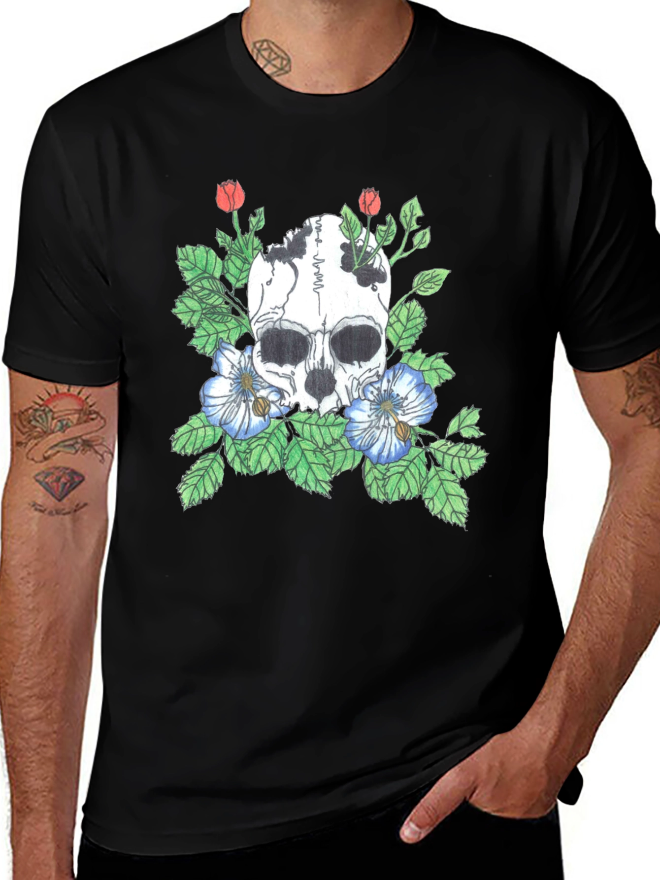 Variant 22 of Skull and Flowers Graphic Tee - Black