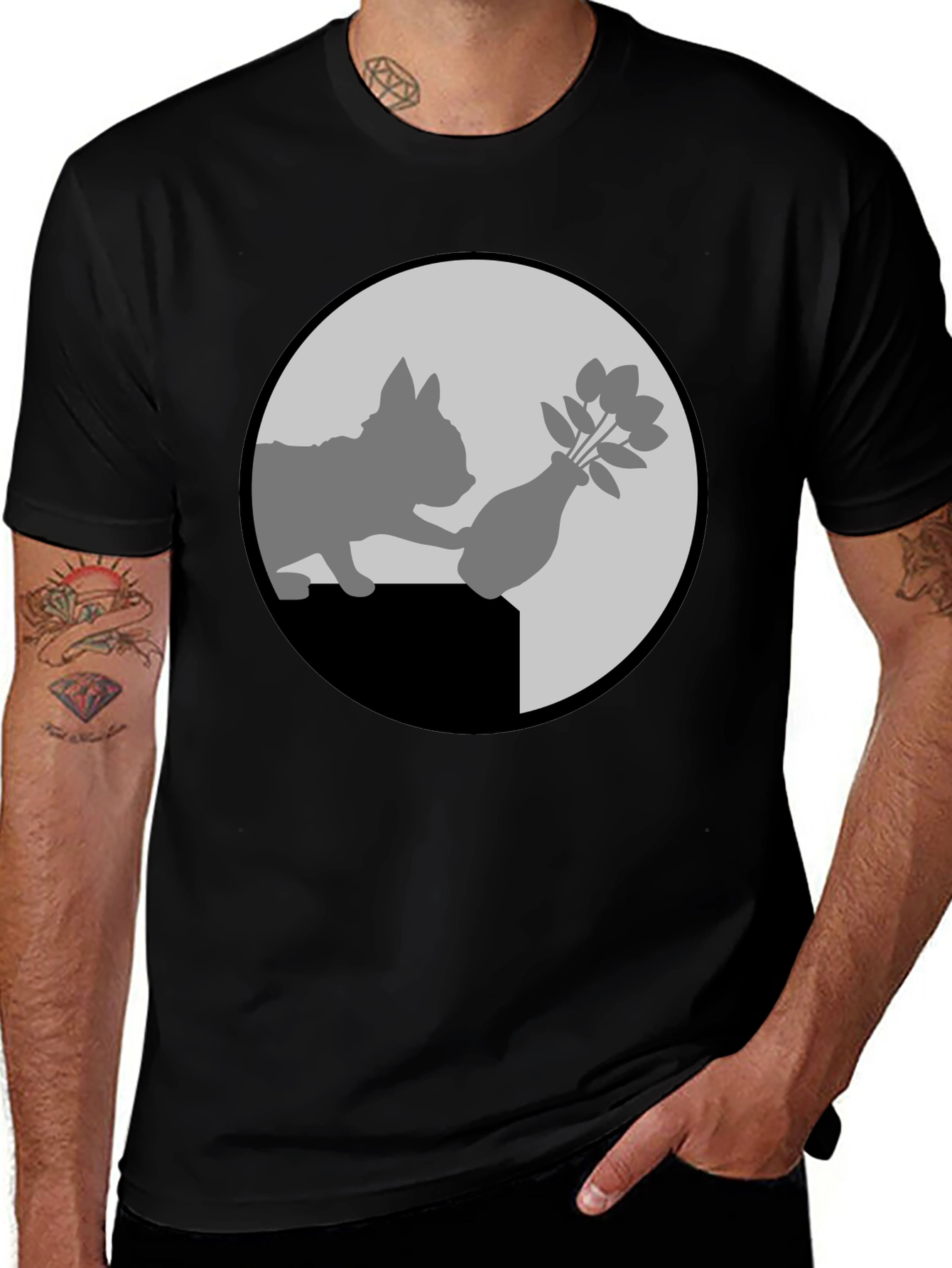 Variant 25 of Cat & Vase Graphic Tee - Quirky Black T-Shirt