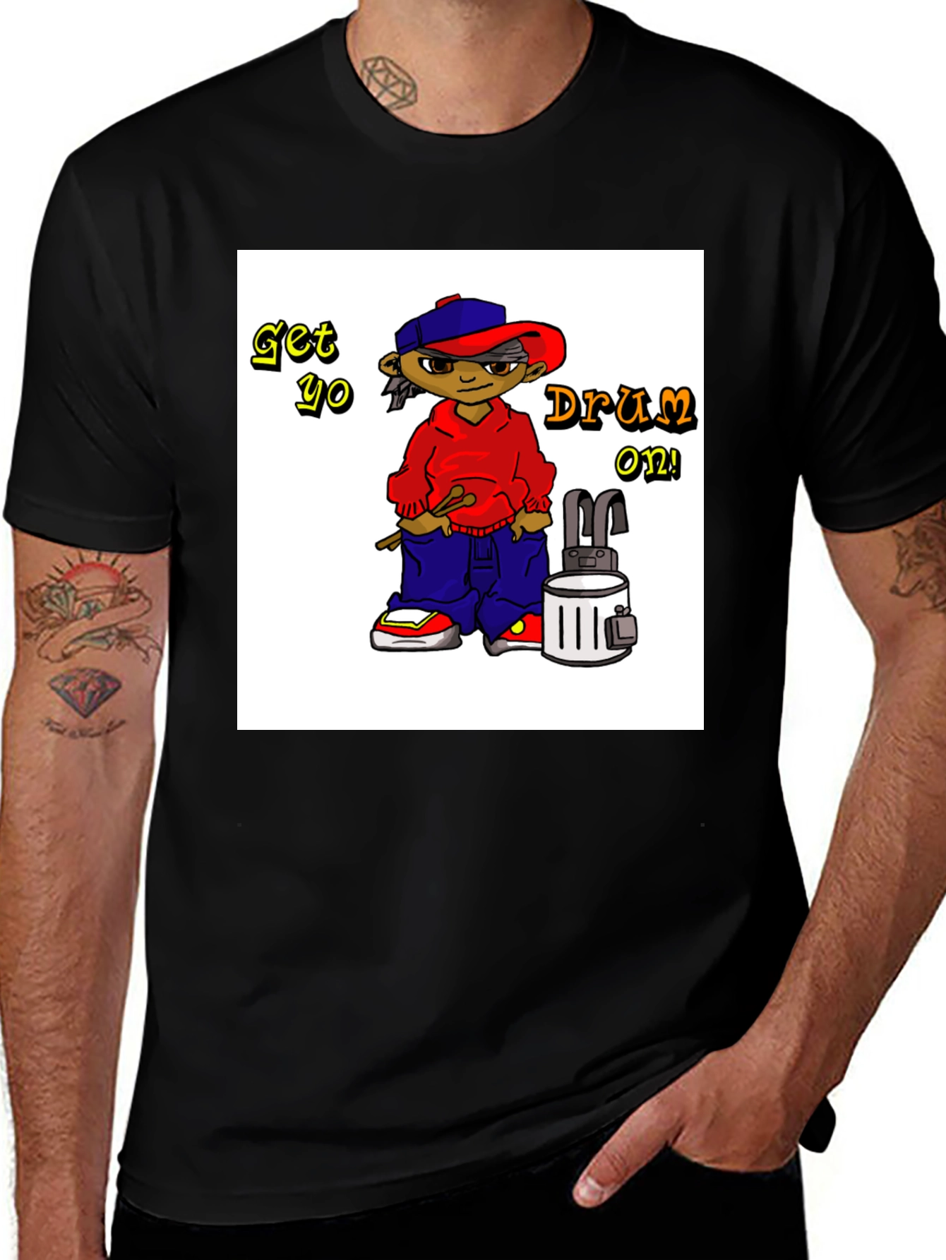 Variant 22 of Cartoon Drummer Black T-Shirt