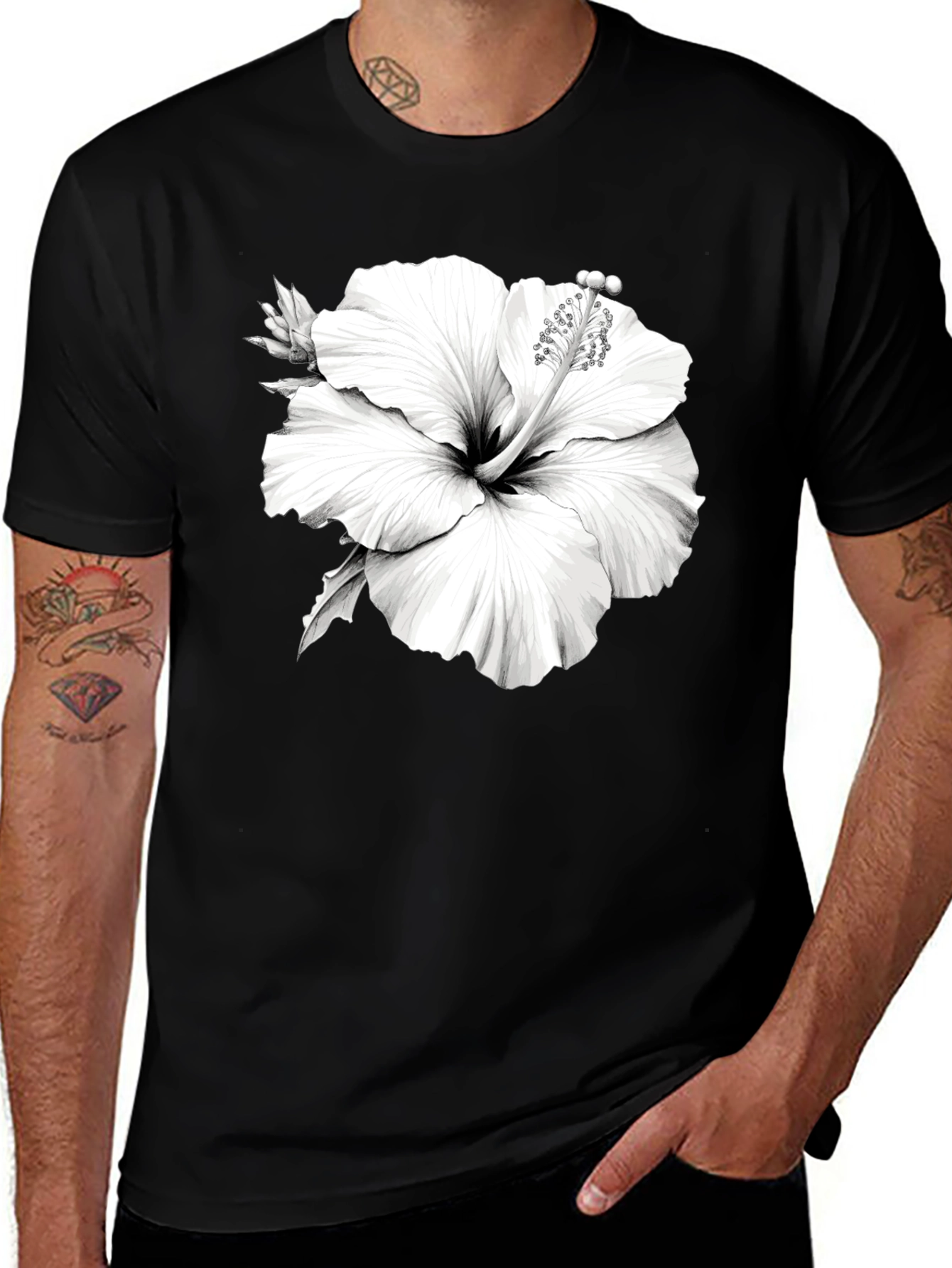Variant 28 of Black T-Shirt with White Hibiscus Flower Graphic