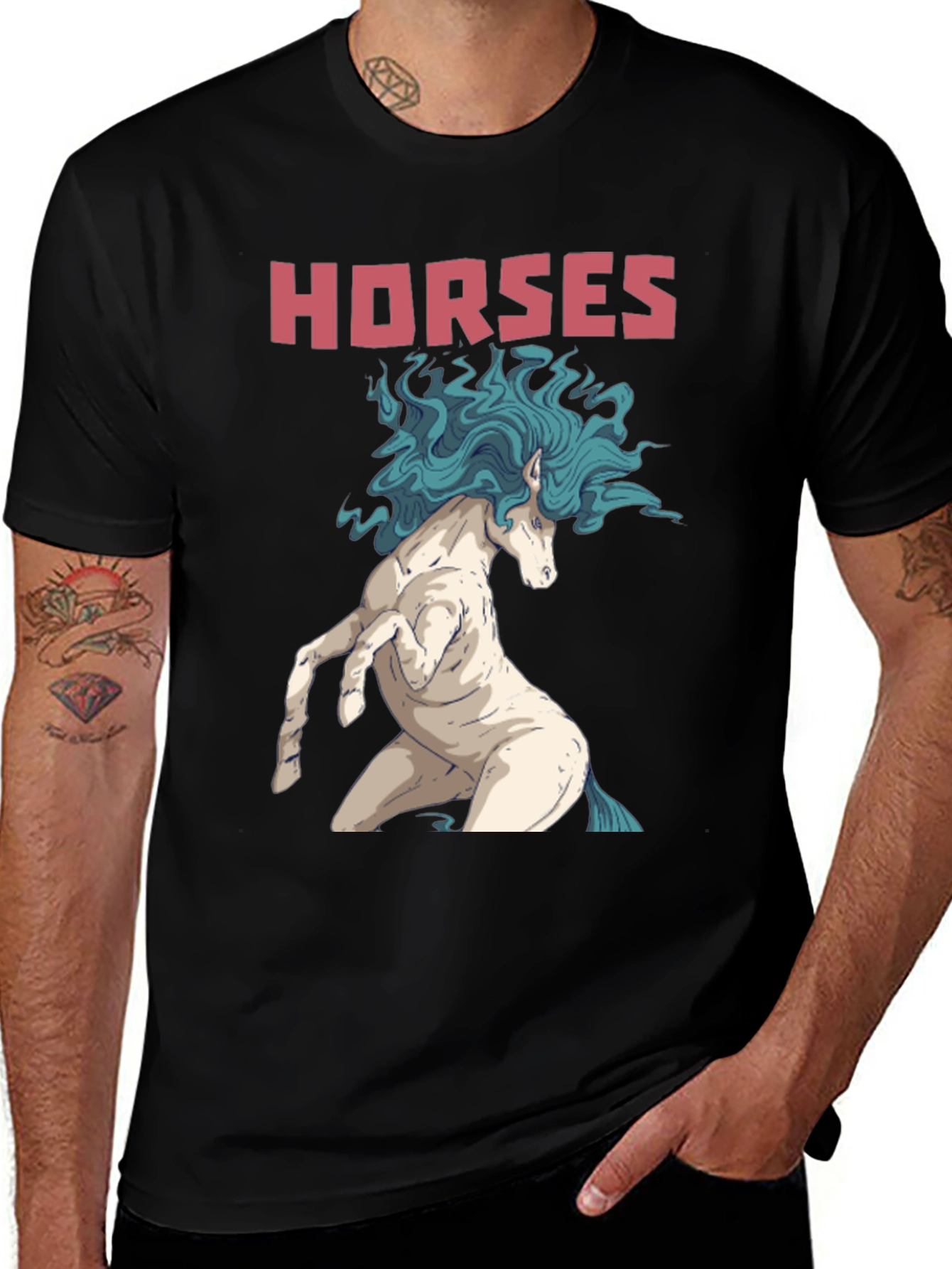 Variant 14 of Horses Graphic Tee -  Unicorn Design - Black Cotton T-Shirt