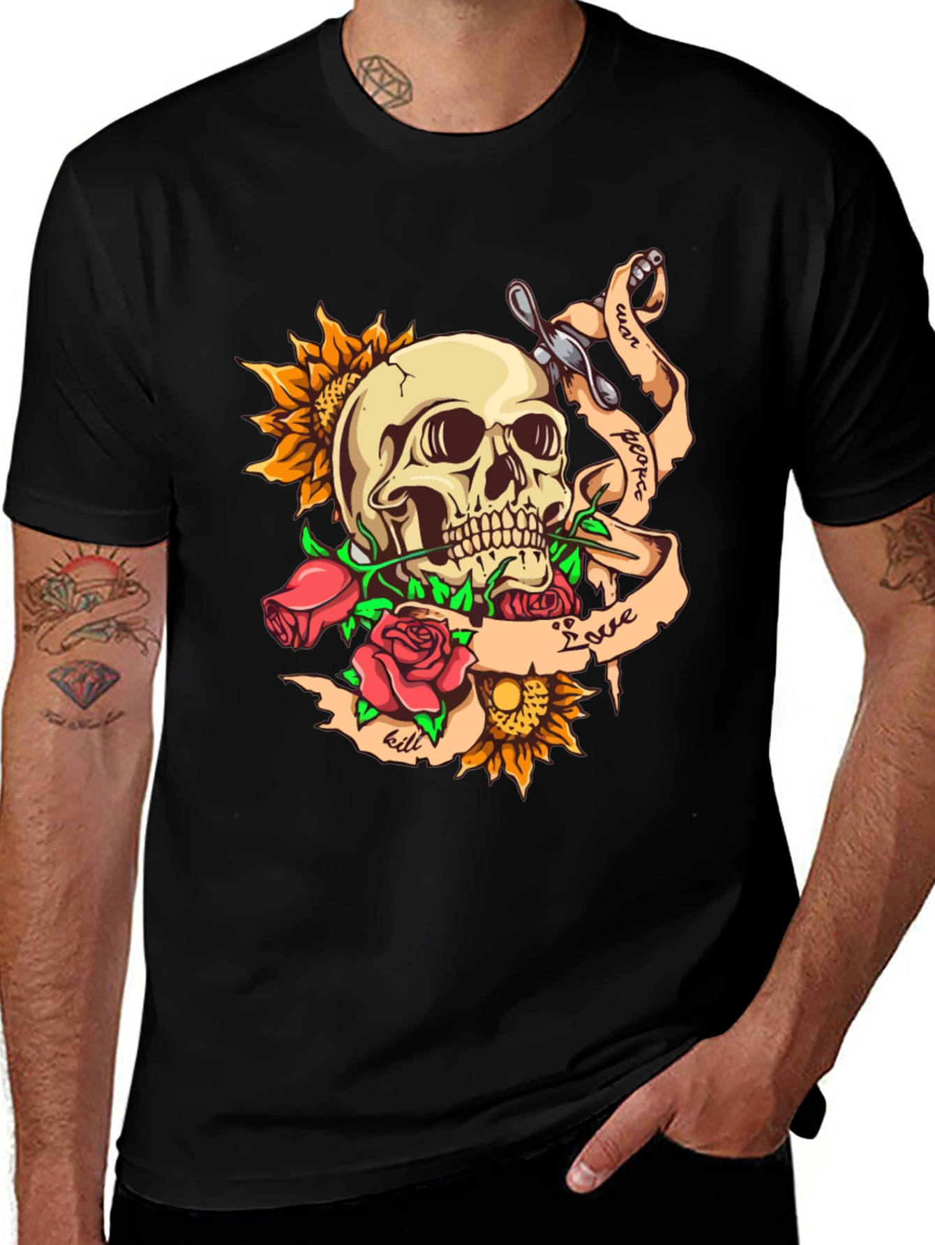 Skull, Roses, and Sunflower Graphic Tee
