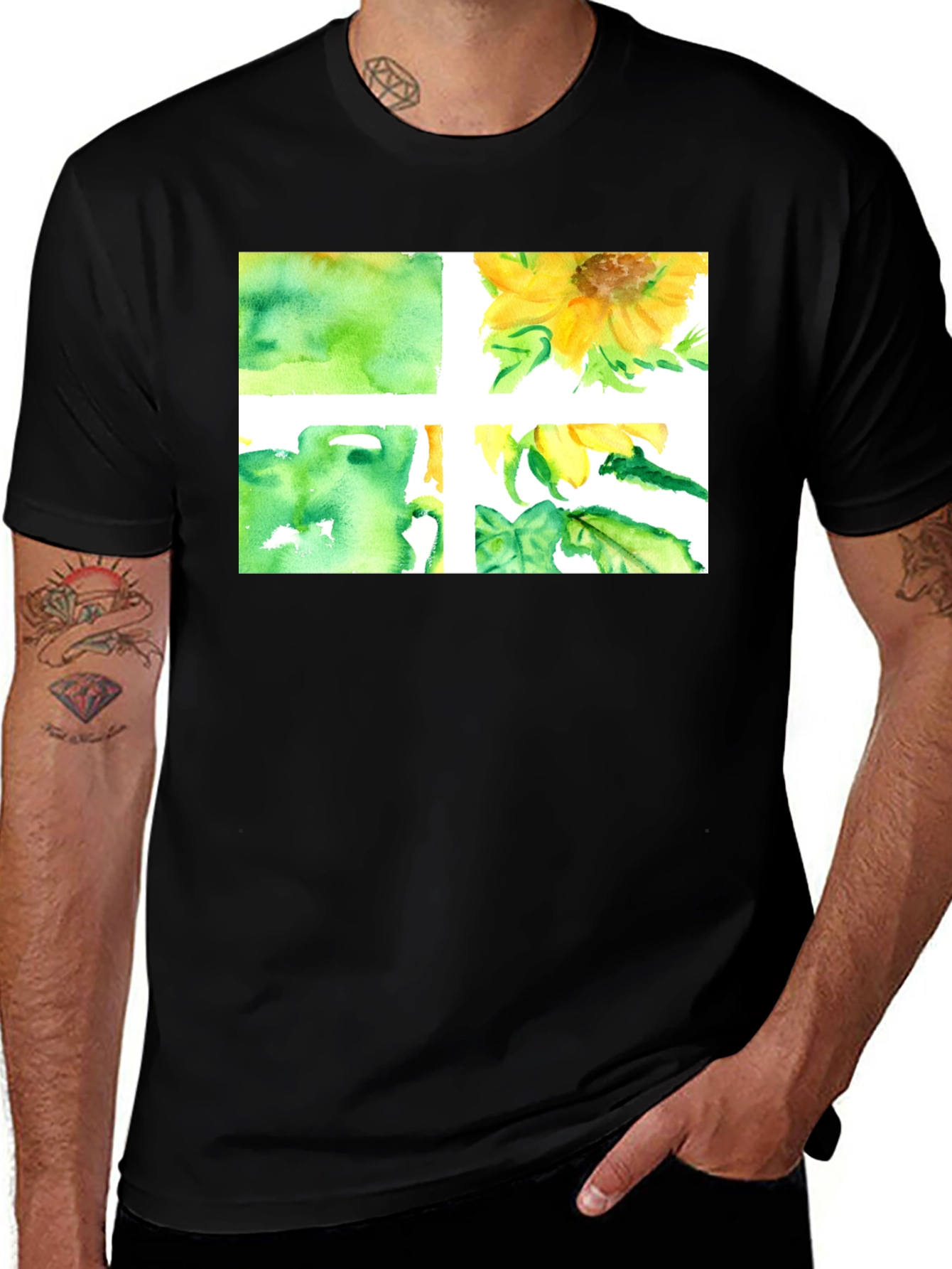 Black Sunflower Watercolor Graphic Black T-Shirt main image