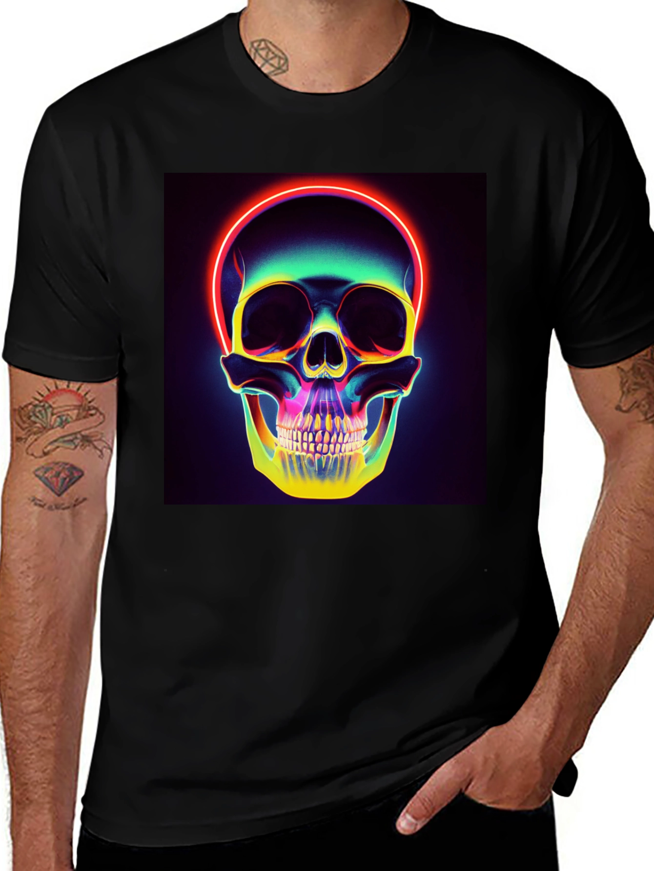 Variant 9 of Neon Skull Graphic T-Shirt - Black Cotton Tee