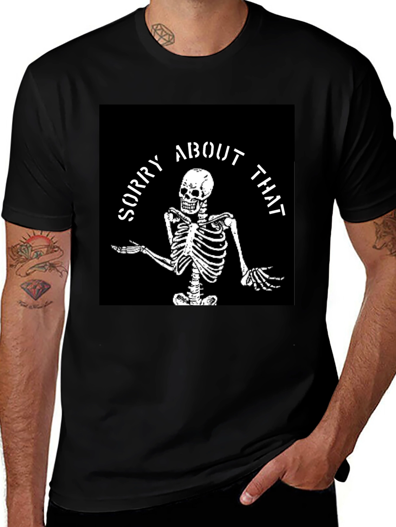 Variant 8 of Sorry About That Skeleton Graphic Tee - Black Cotton T-Shirt