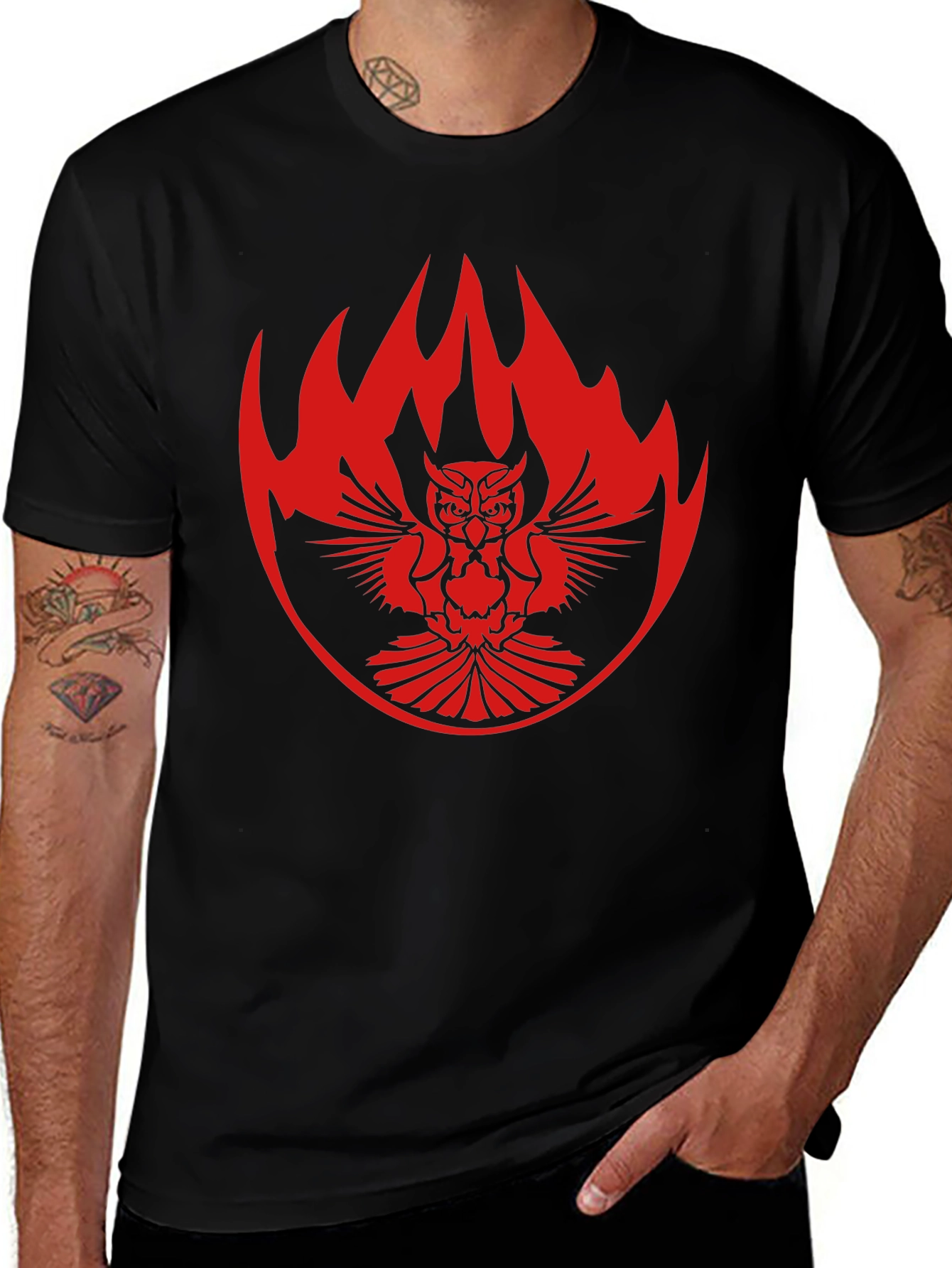 Variant 4 of Black T-Shirt with Owl & Flame Design