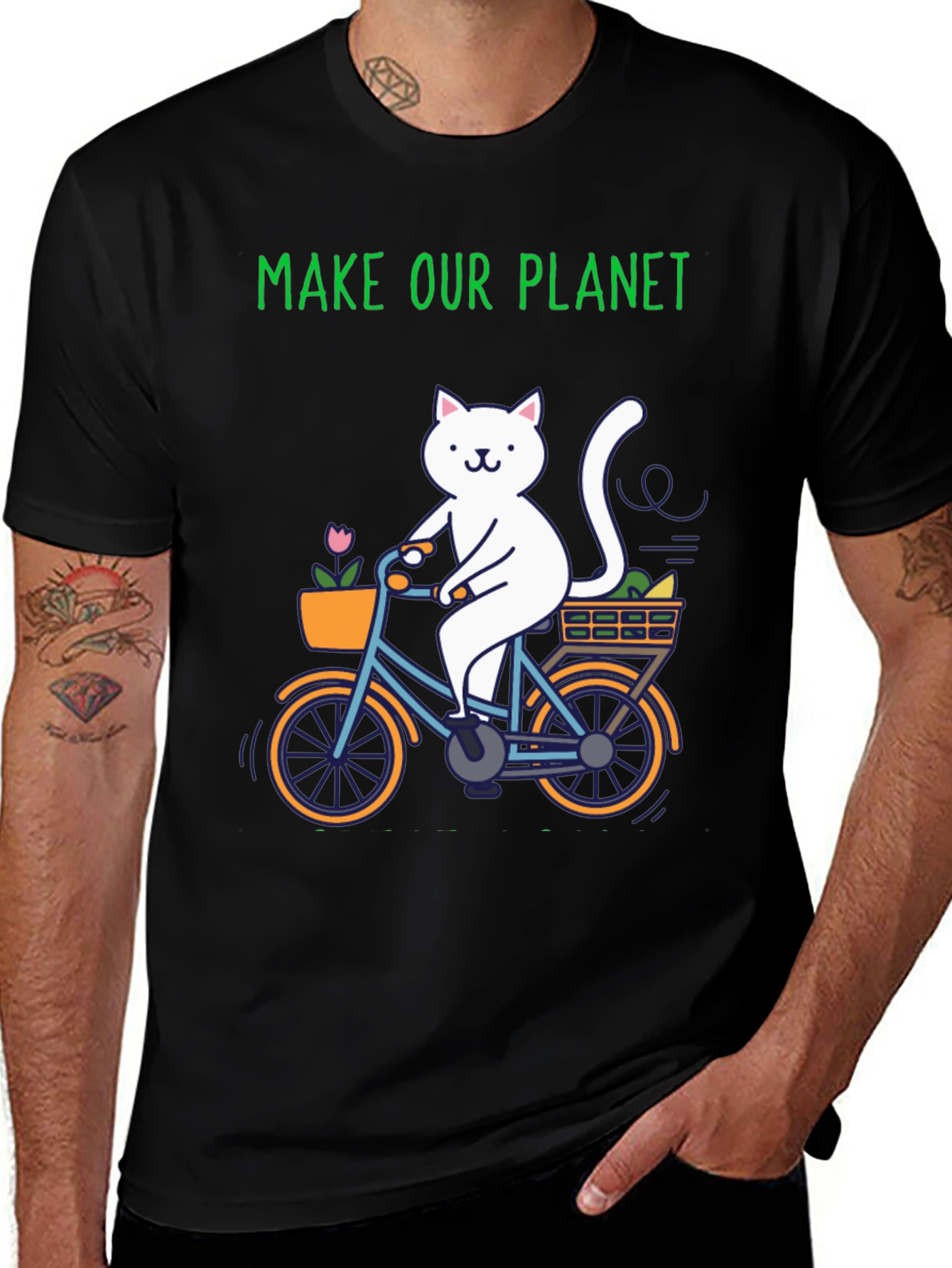 Variant 3 of Eco-Friendly Cat on Bike Graphic Tee