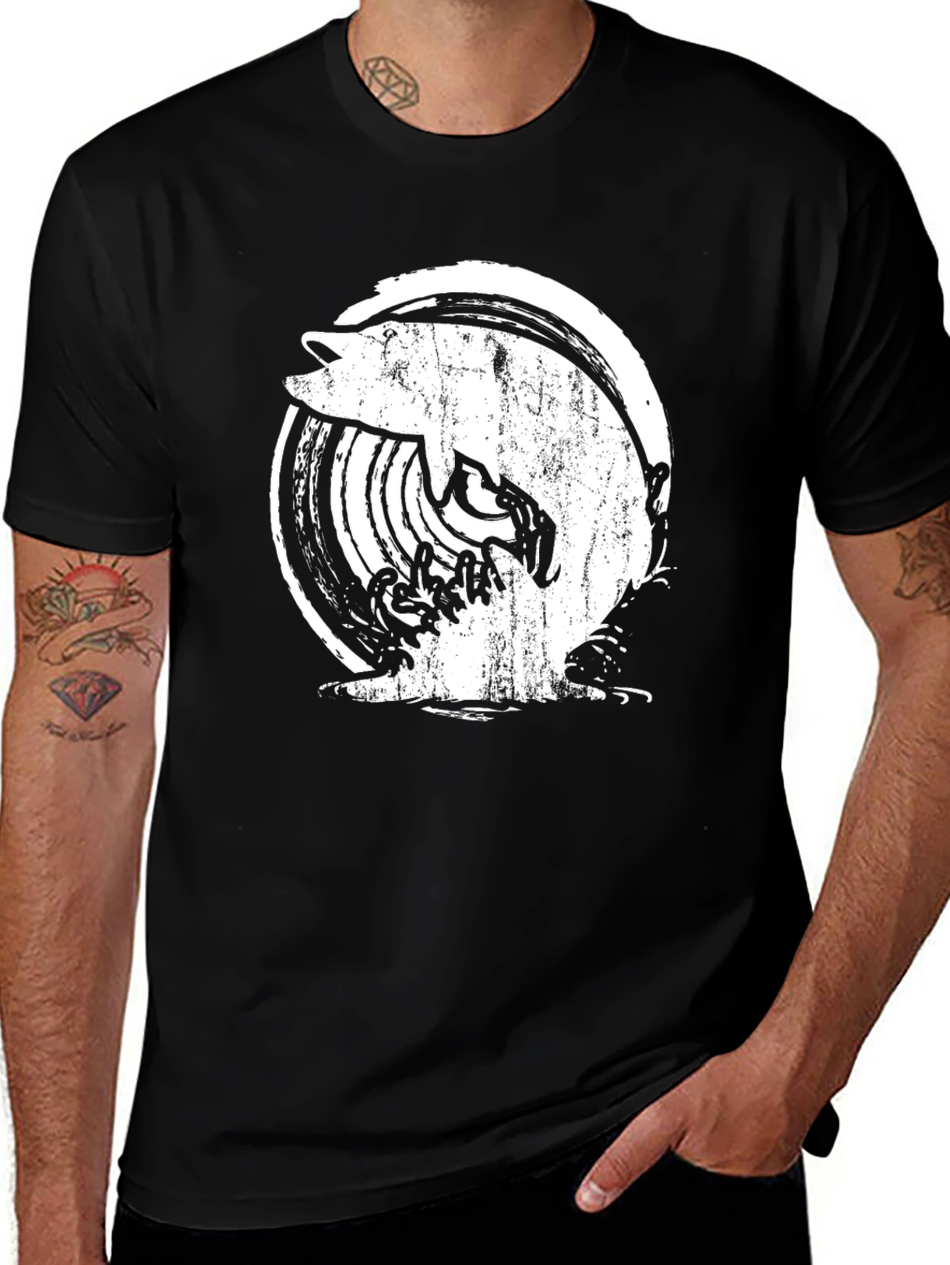 Black T-Shirt with Retro Dolphin Graphic