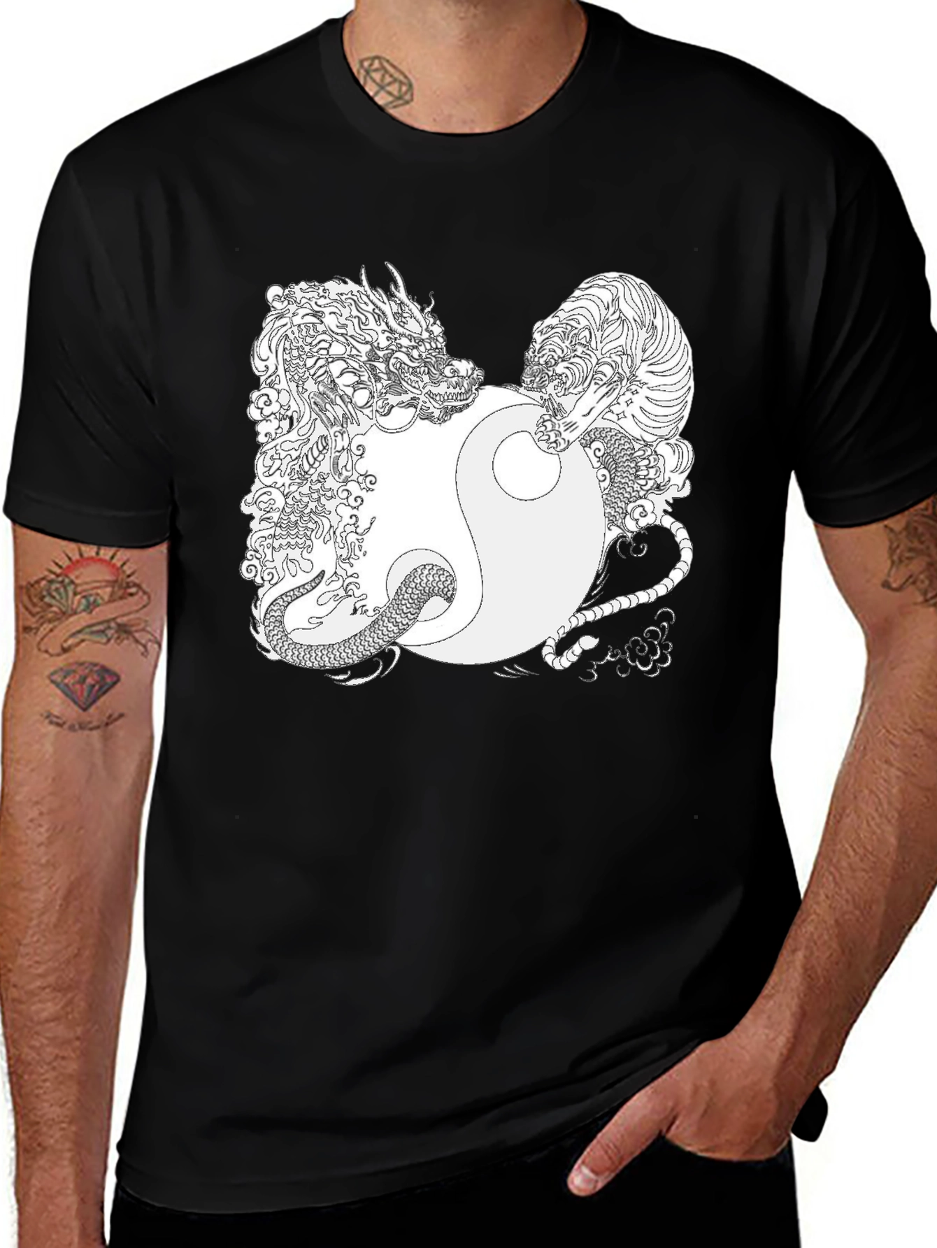 Variant 22 of Yin Yang Dragon & Tiger Graphic Tee - Black