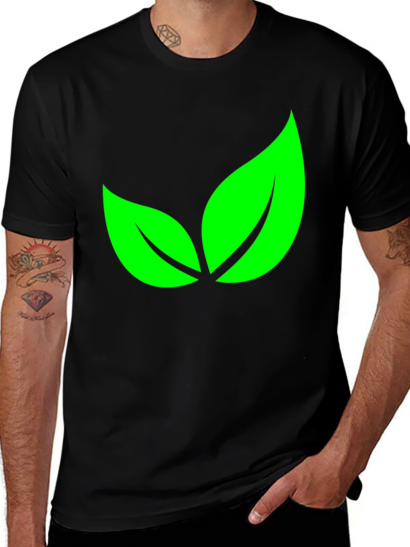 Variant 27 of Green Leaves Graphic Black T-Shirt