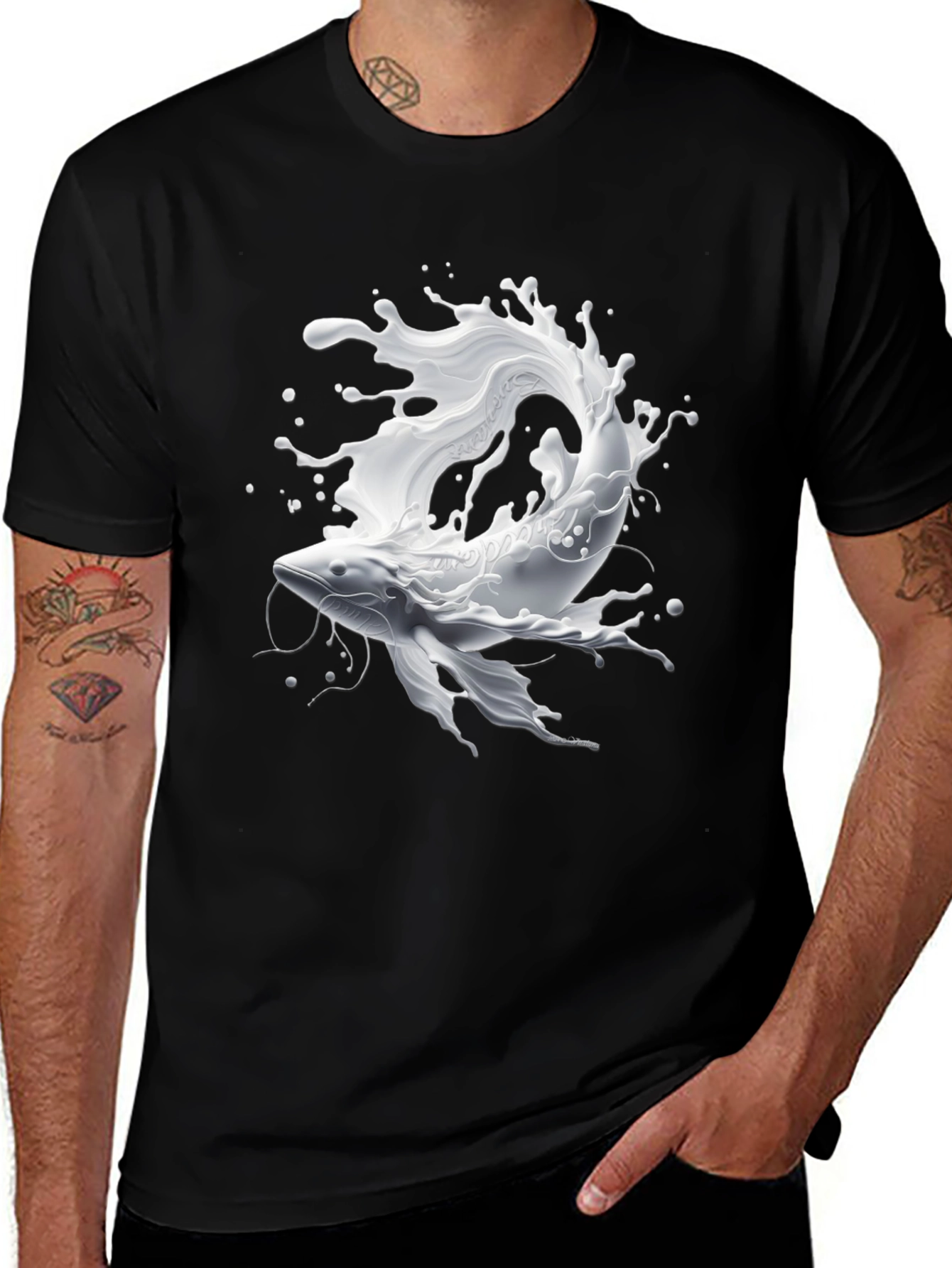 Stylish Black T-Shirt with Milk Splash Fish Design