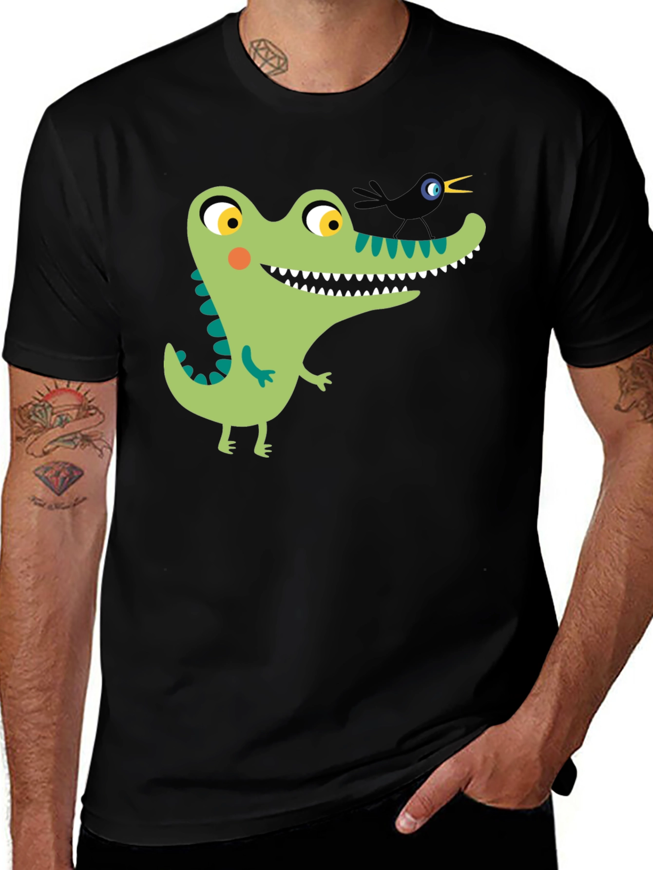 Variant 29 of Cartoon Alligator Graphic Tee - Black Cotton