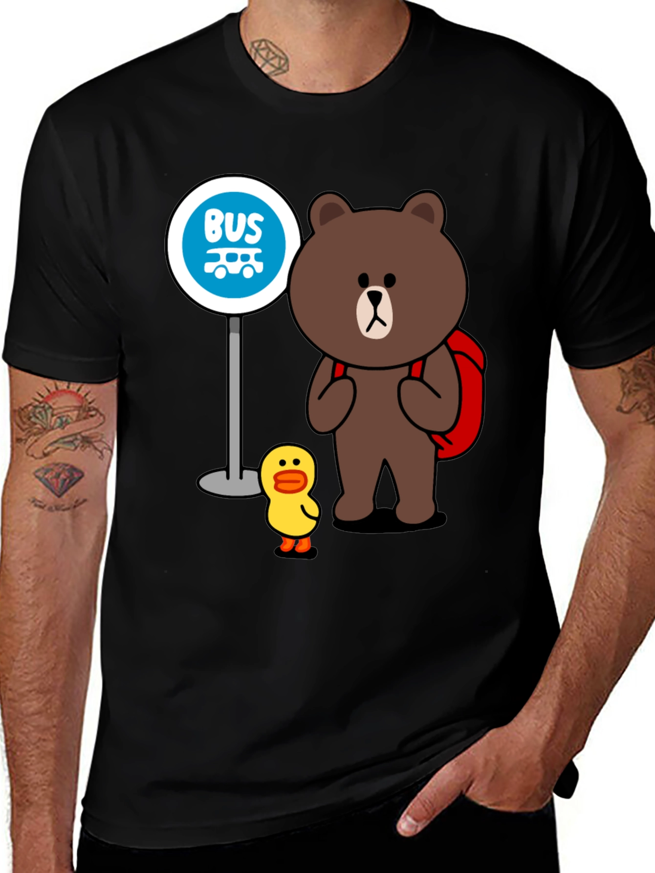 Variant 5 of Cartoon Graphic Print T-Shirt: Bear & Duck Bus Stop Design