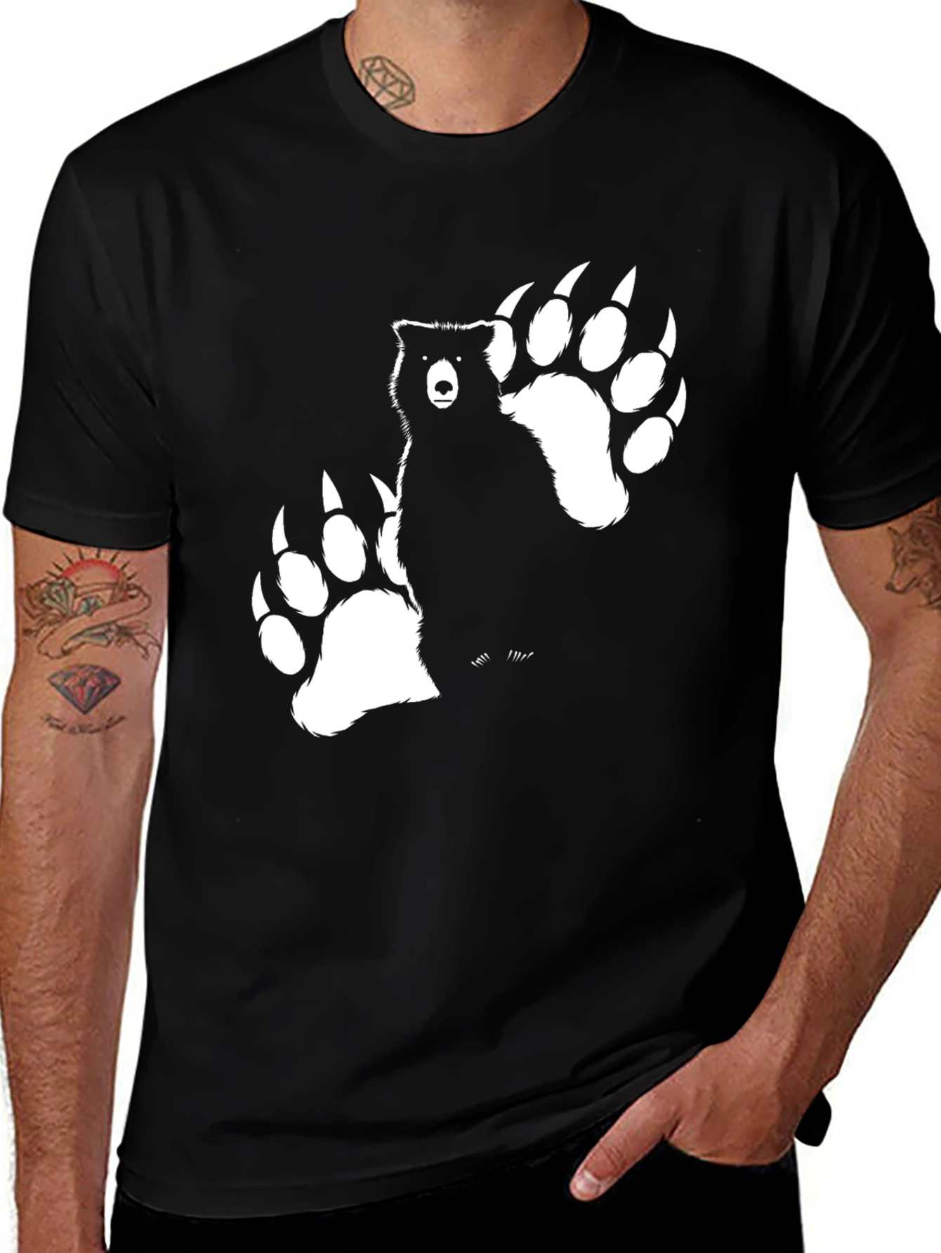 Variant 6 of Bear Paw Print Graphic Tee - Black Cotton T-Shirt