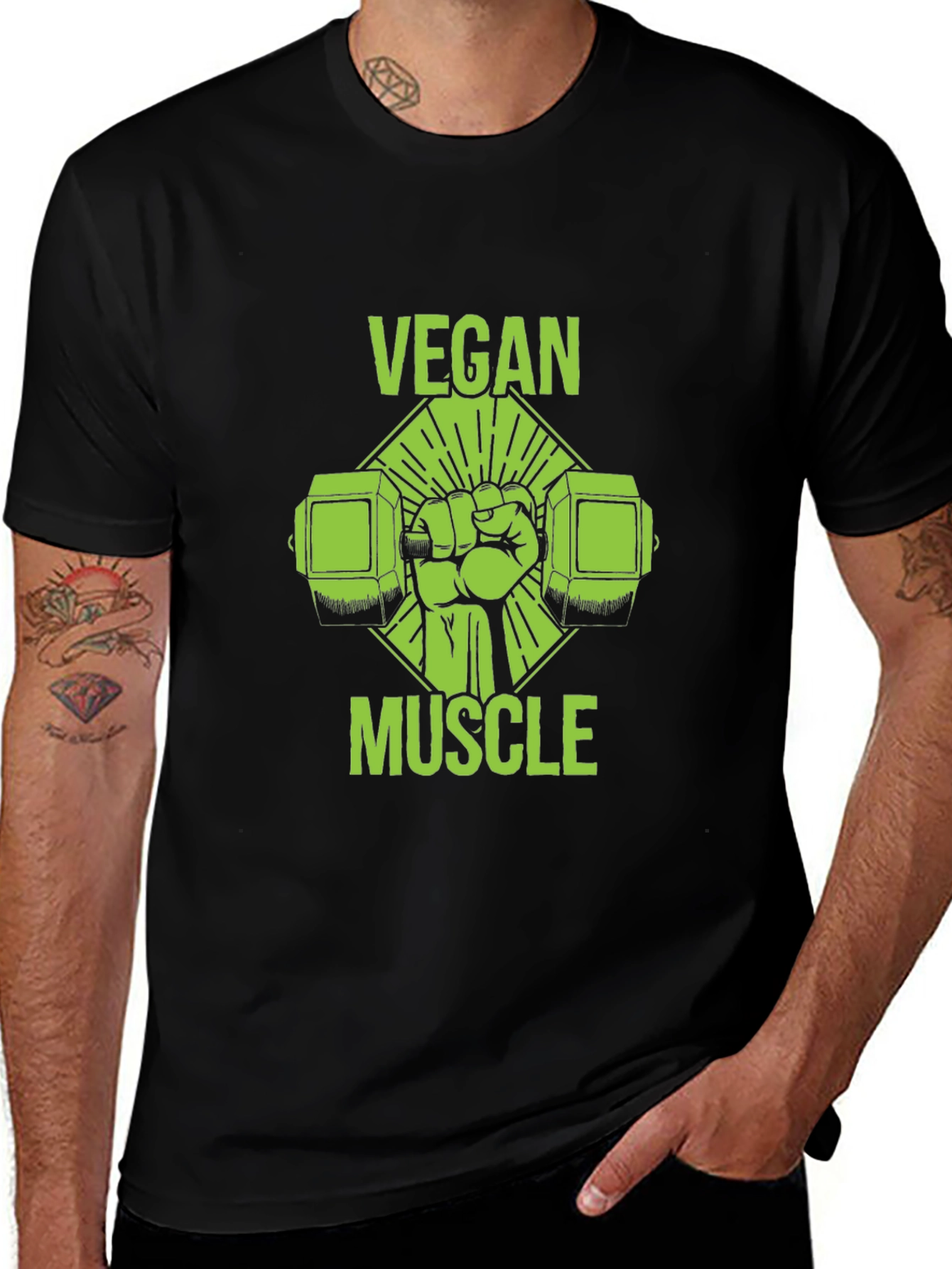 Variant 11 of Vegan Muscle Black T-Shirt - Green Graphic Print