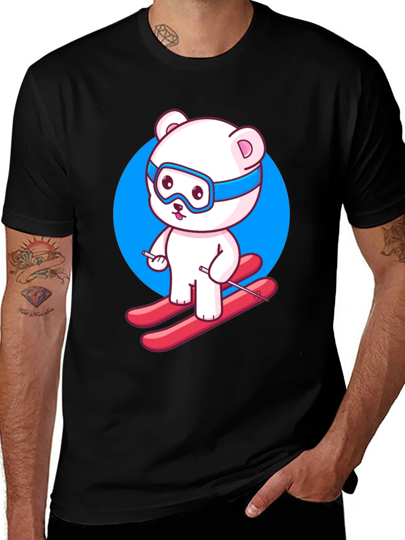 Variant 3 of Cartoon Bear Skier Graphic Tee - Black Cotton Blend Shirt