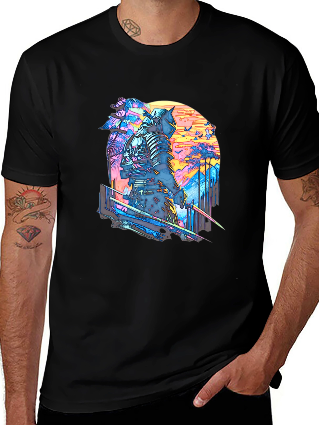 Variant 25 of Synthwave Samurai Graphic Tee - Black Cotton T-Shirt