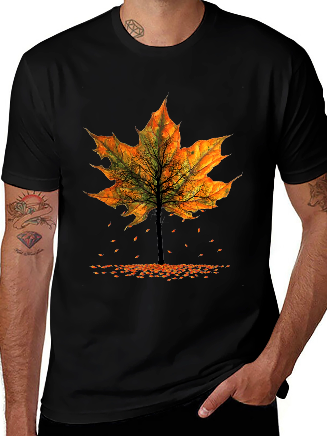 Variant 5 of Autumn Leaf Tree Graphic Tee - Soft Cotton Black T-Shirt