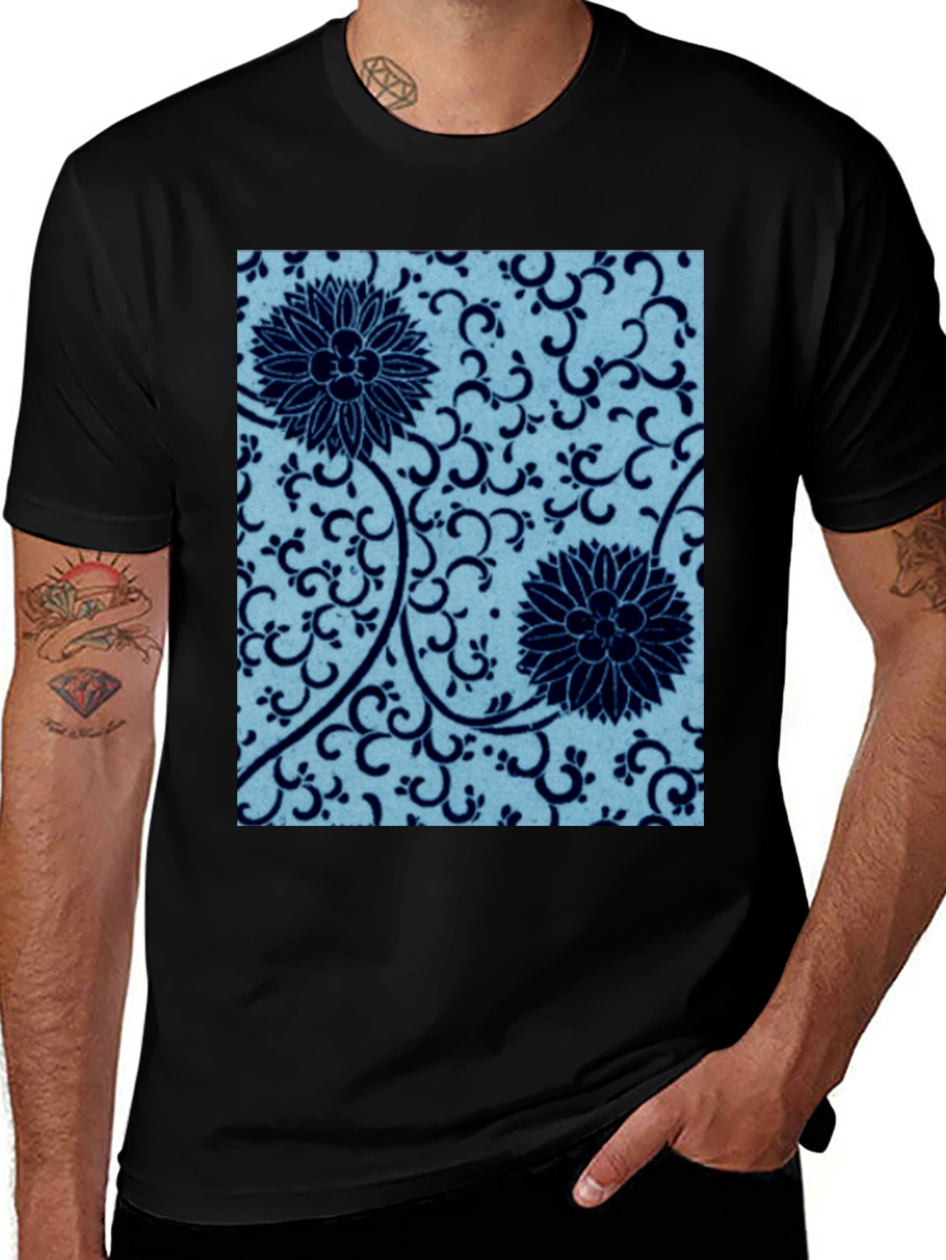 Variant 20 of Blue Floral Pattern Black Tee