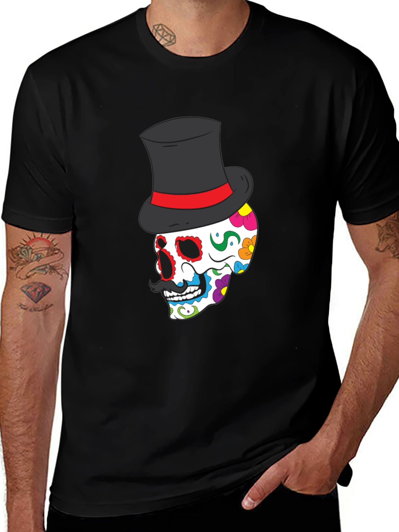 Variant 16 of Sugar Skull Top Hat Graphic Tee - Day of the Dead