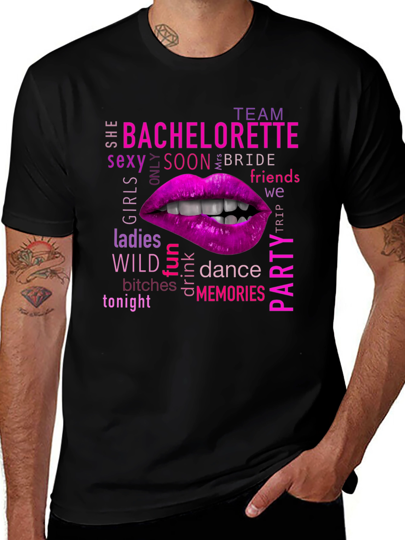 Black Bachelorette Party Lips Graphic T-Shirt main image