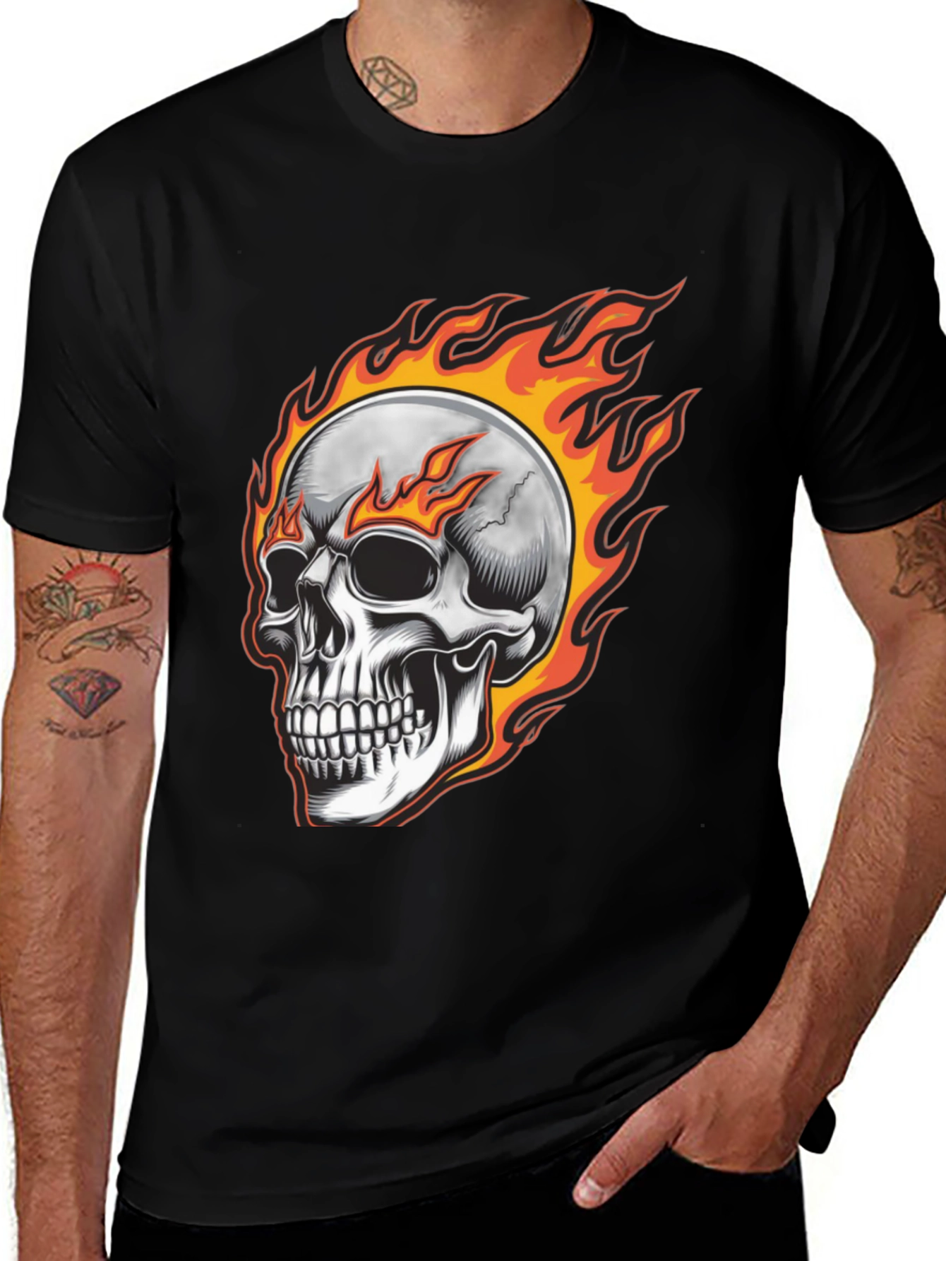 Variant 8 of Flaming Skull Graphic Tee - Black Cotton Blend