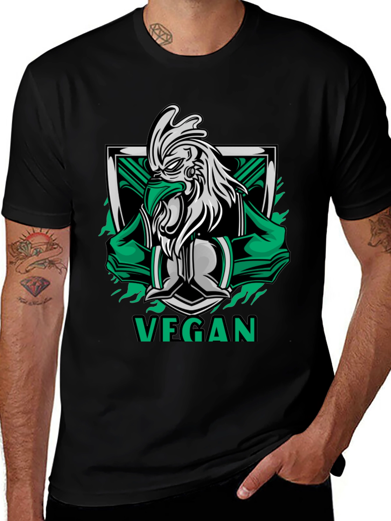 Variant 12 of Vegan Rooster Graphic Tee - Black Cotton Shirt