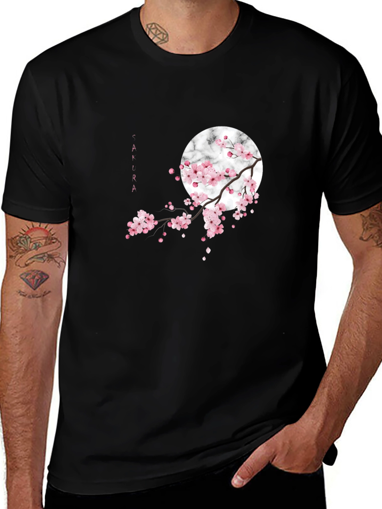 Variant 7 of Sakura Blossom Graphic Tee - Black Cotton Casual Shirt