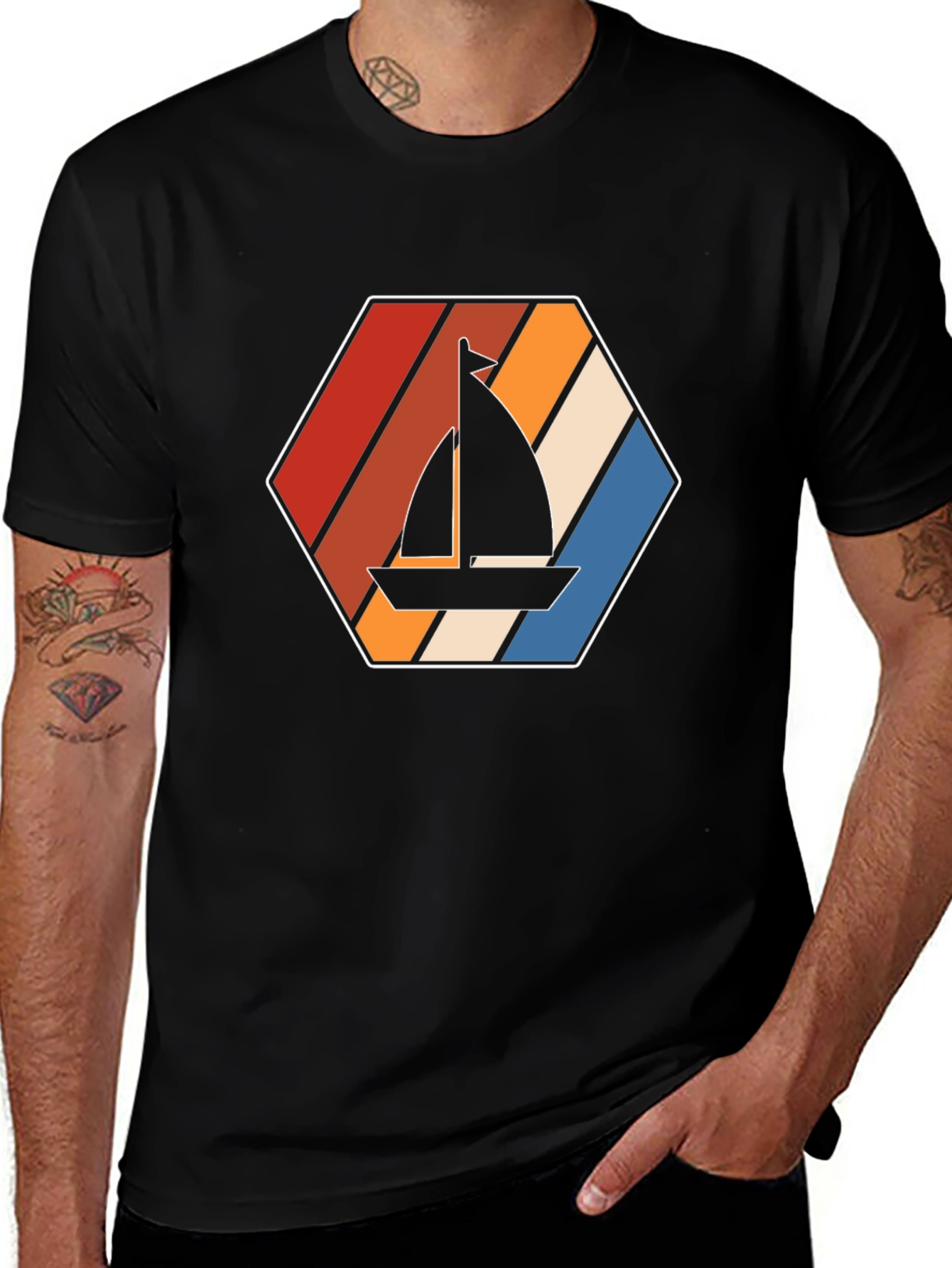 Variant 4 of Retro Sailboat Graphic Tee - Black Cotton T-Shirt