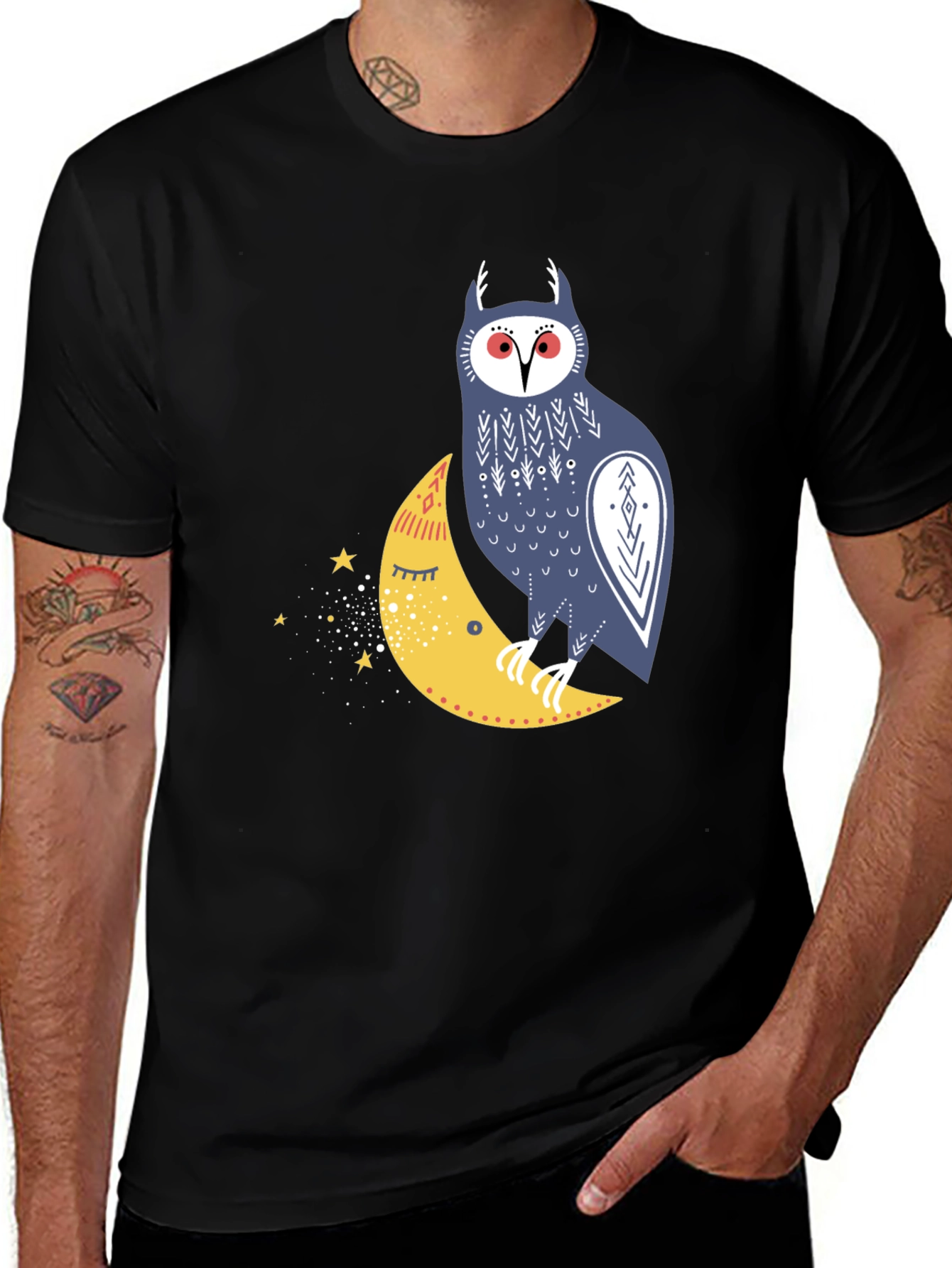 Variant 29 of Owl on Moon Graphic Tee - Black Cotton T-Shirt