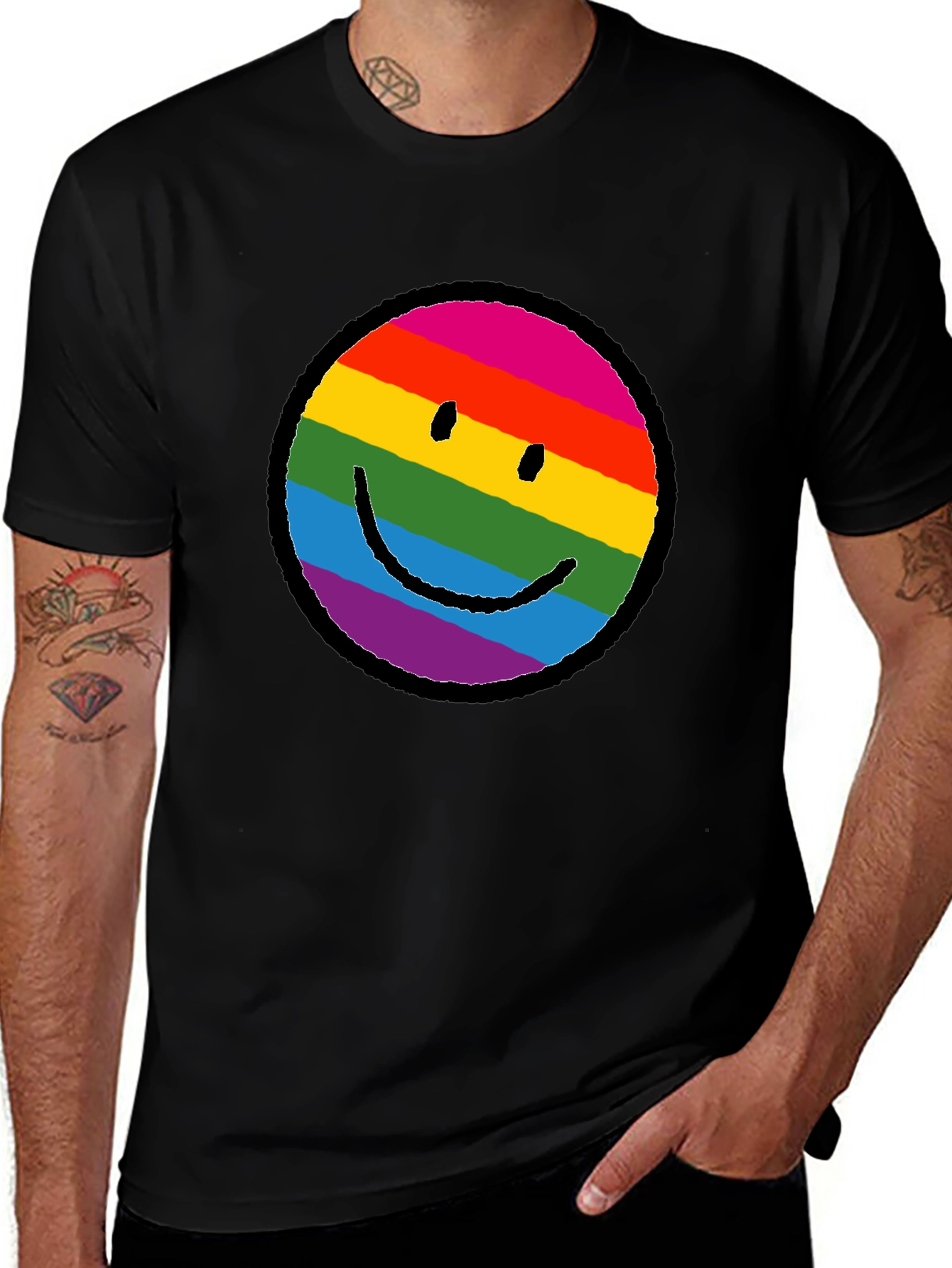 Variant 2 of Rainbow Smiley Face Graphic Tee - Black
