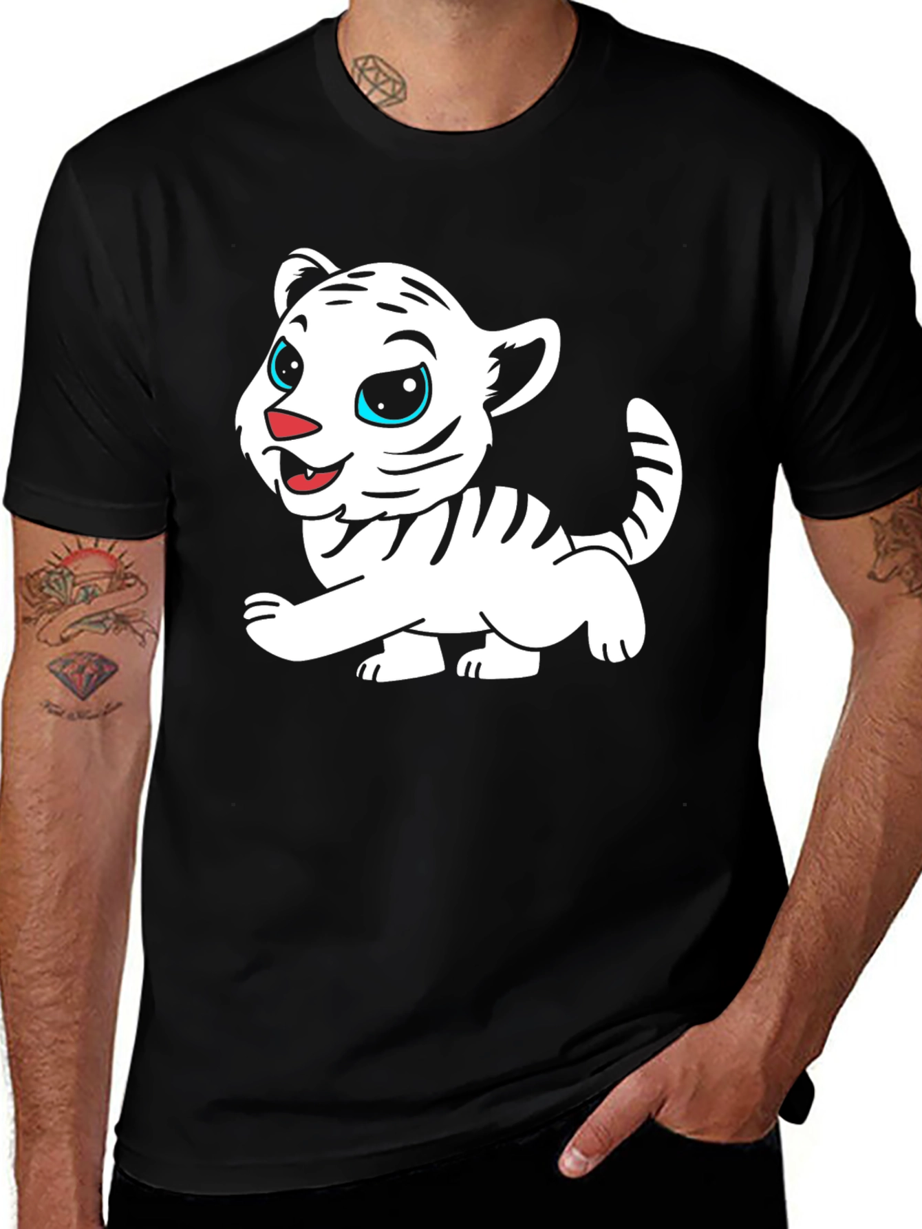 Variant 11 of Cute Cartoon White Tiger Graphic Black T-Shirt