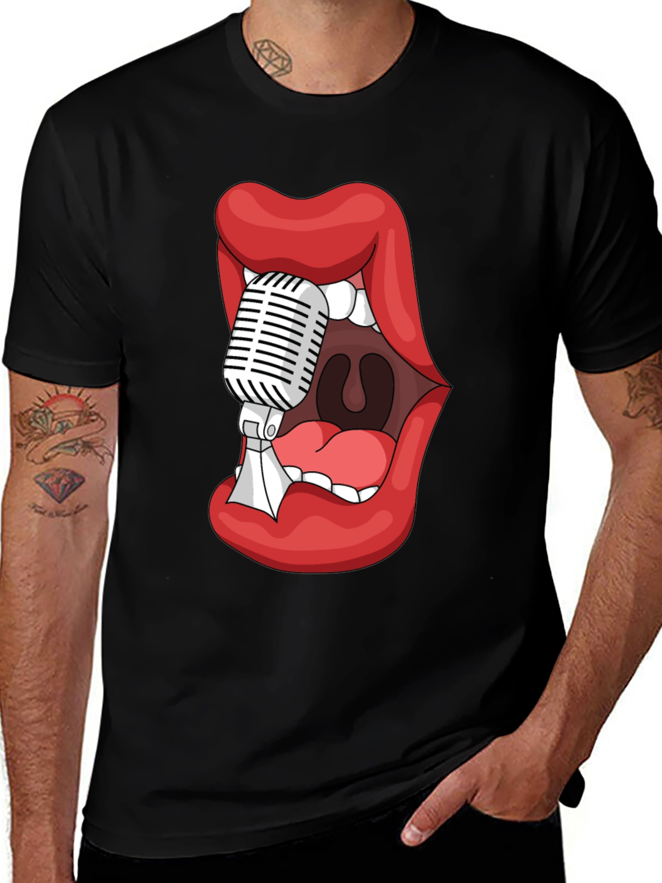 Variant 4 of Graphic Tee - Lips Microphone Black Cotton Blend
