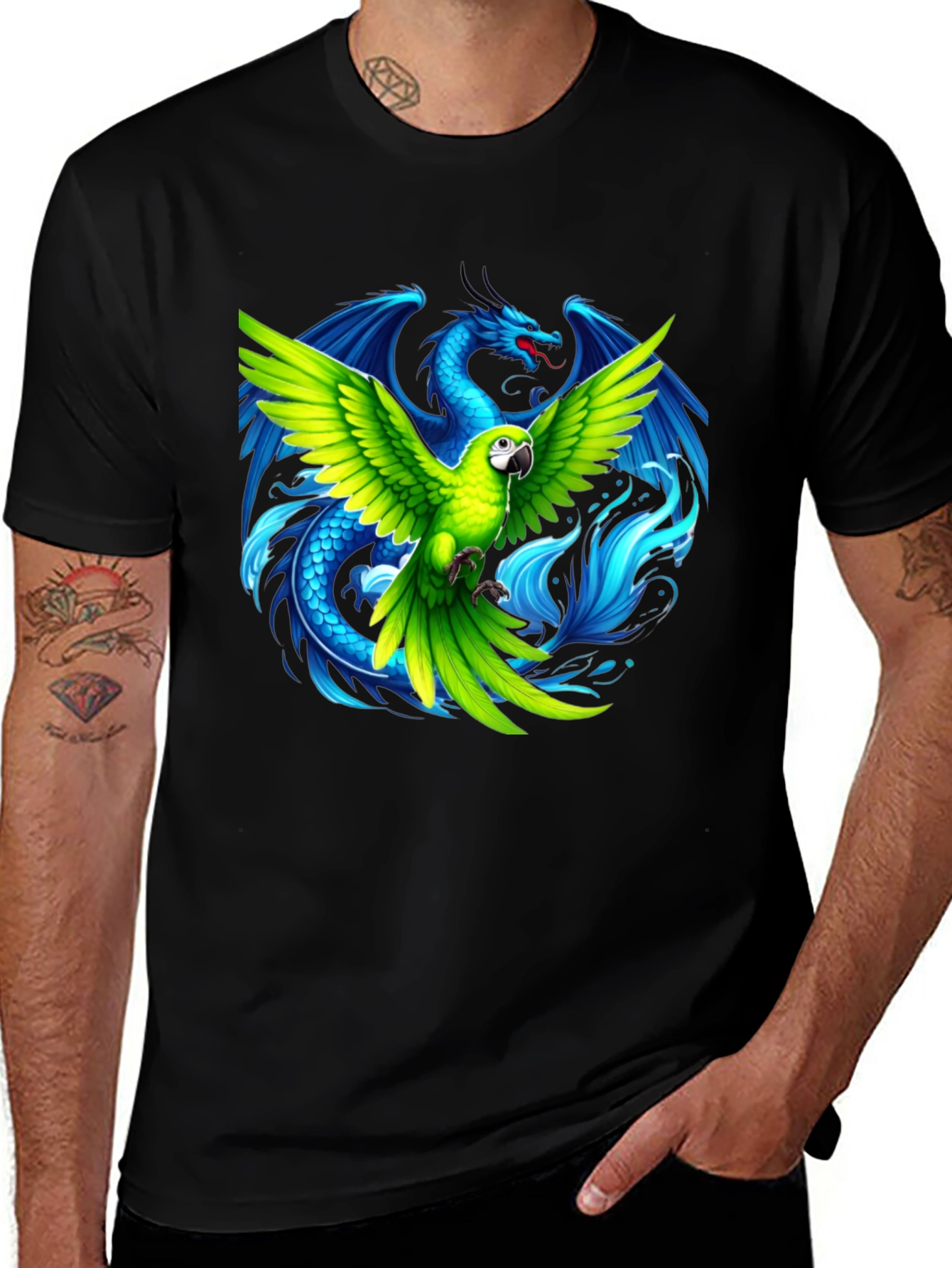 Variant 7 of Parrot & Dragon Graphic T-Shirt - Black