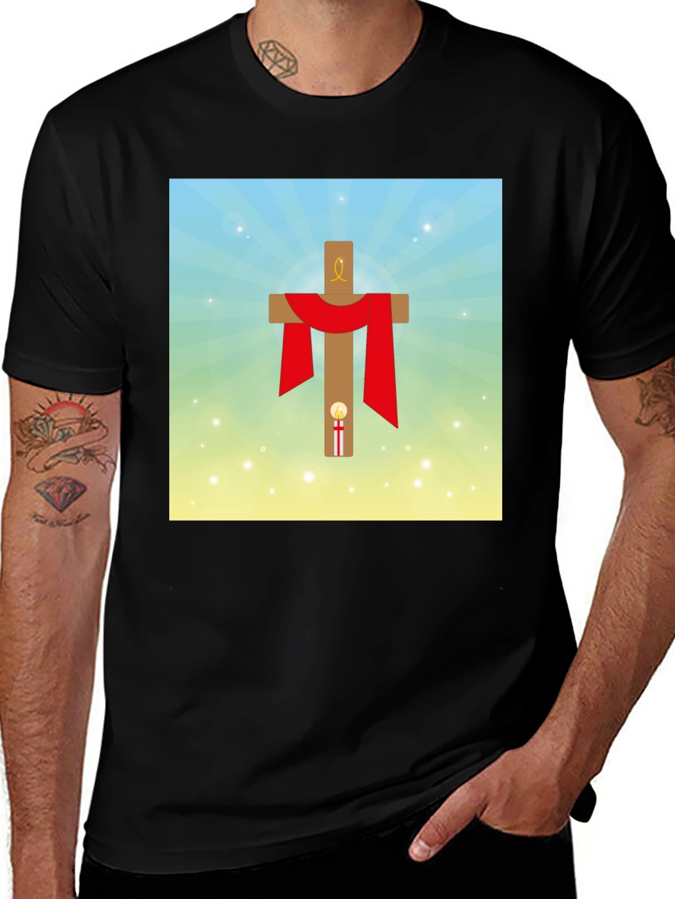 Variant 24 of Religious Graphic T-Shirt: Cross with Red Drape