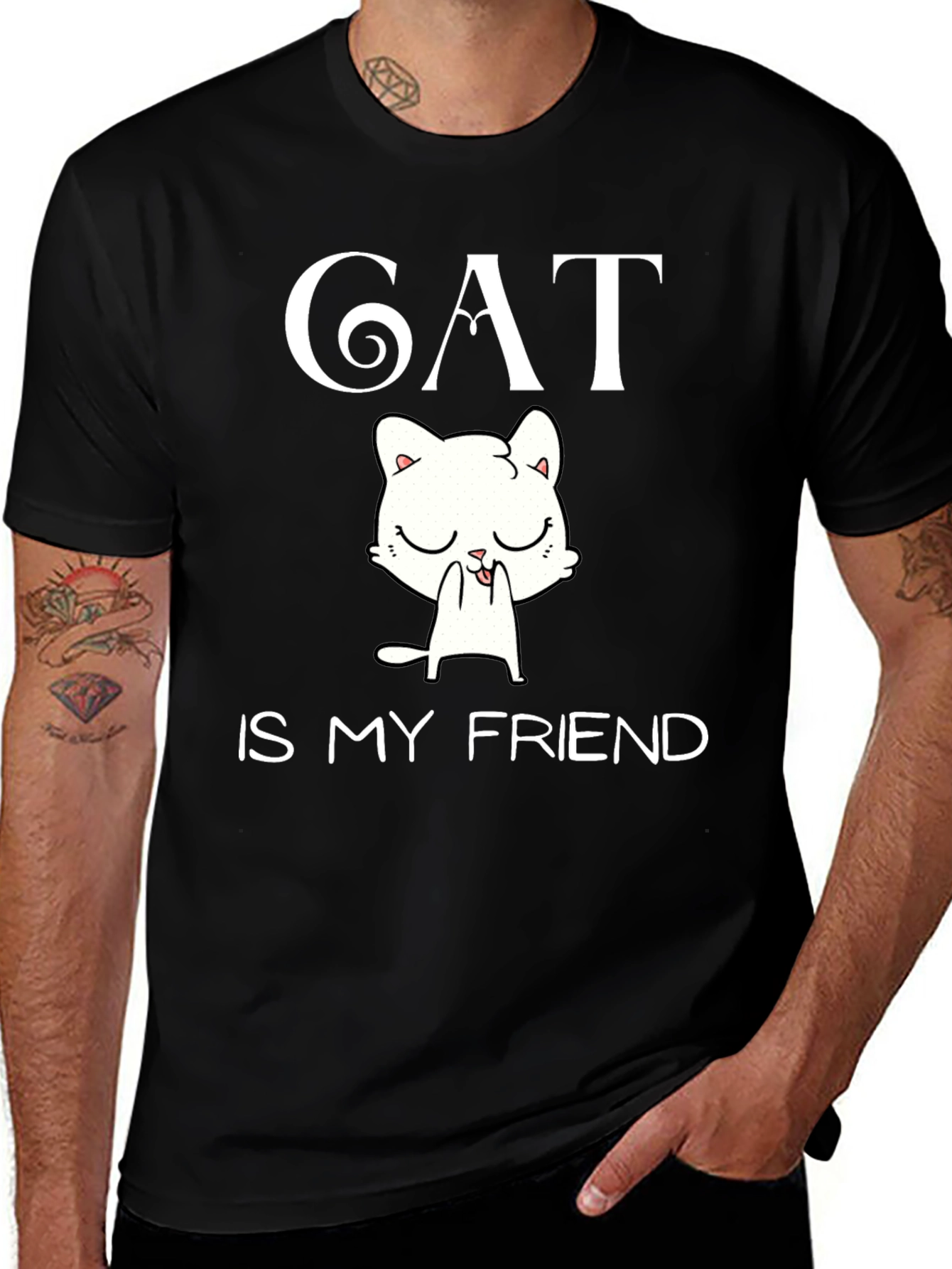 Variant 3 of Cat Is My Friend Graphic Tee - Black T-Shirt