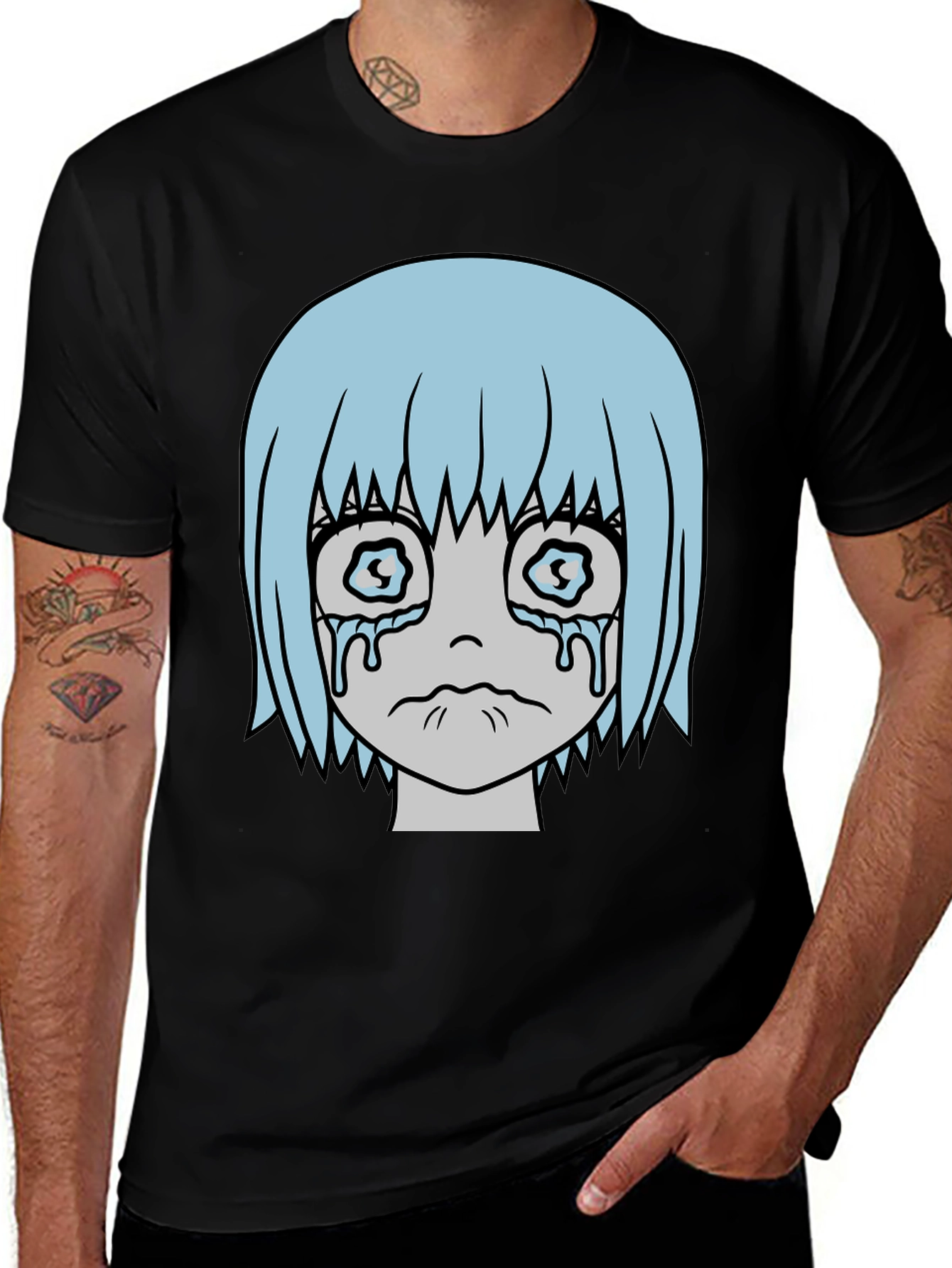 Variant 2 of Sad Anime Face Graphic Tee - Black Cotton Shirt