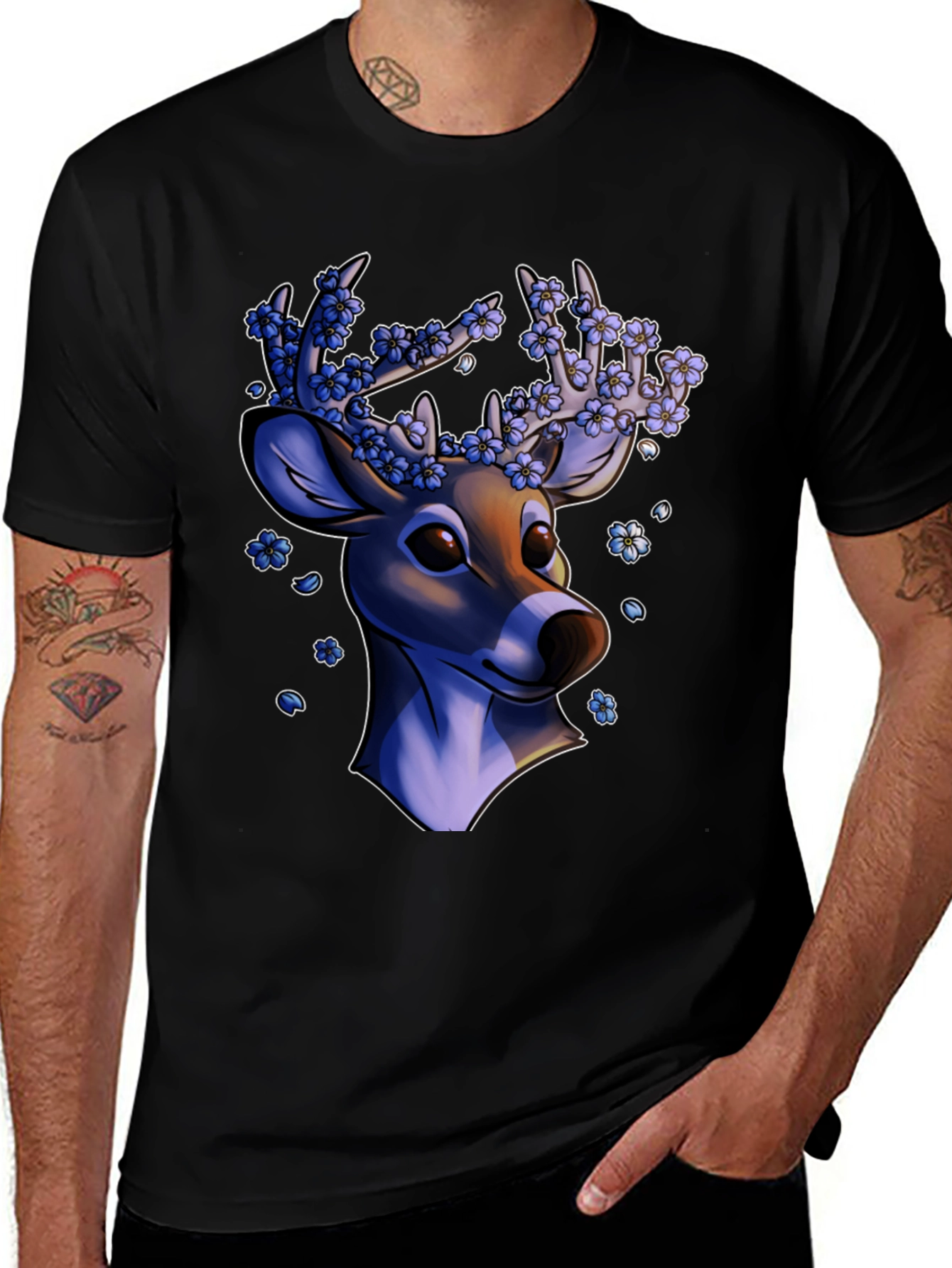 Variant 11 of Floral Deer Graphic Tee - Black Unisex T-Shirt