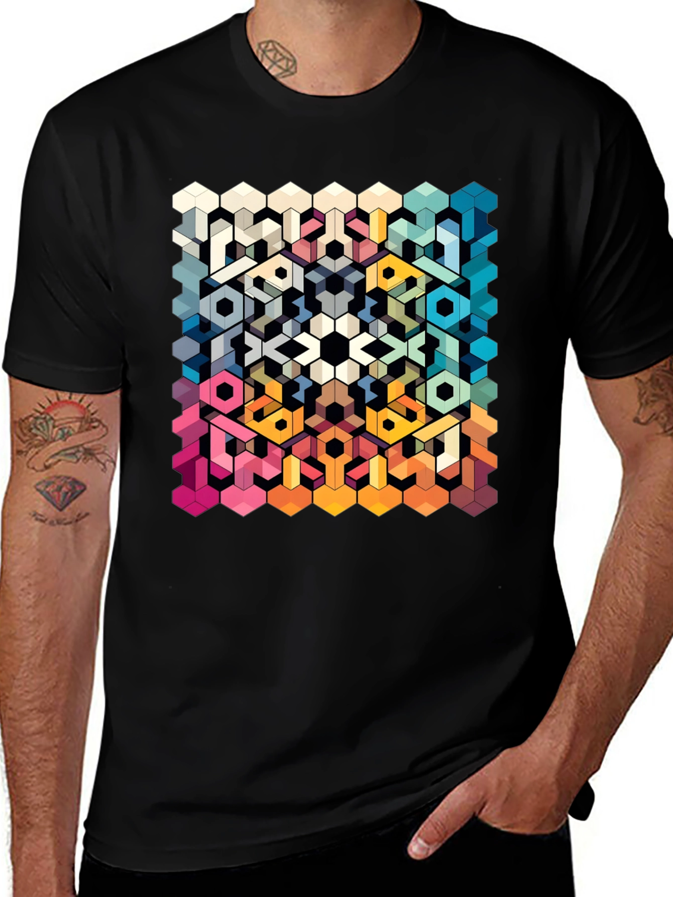 Variant 9 of Geometric Hexagon Art Graphic Black T-Shirt