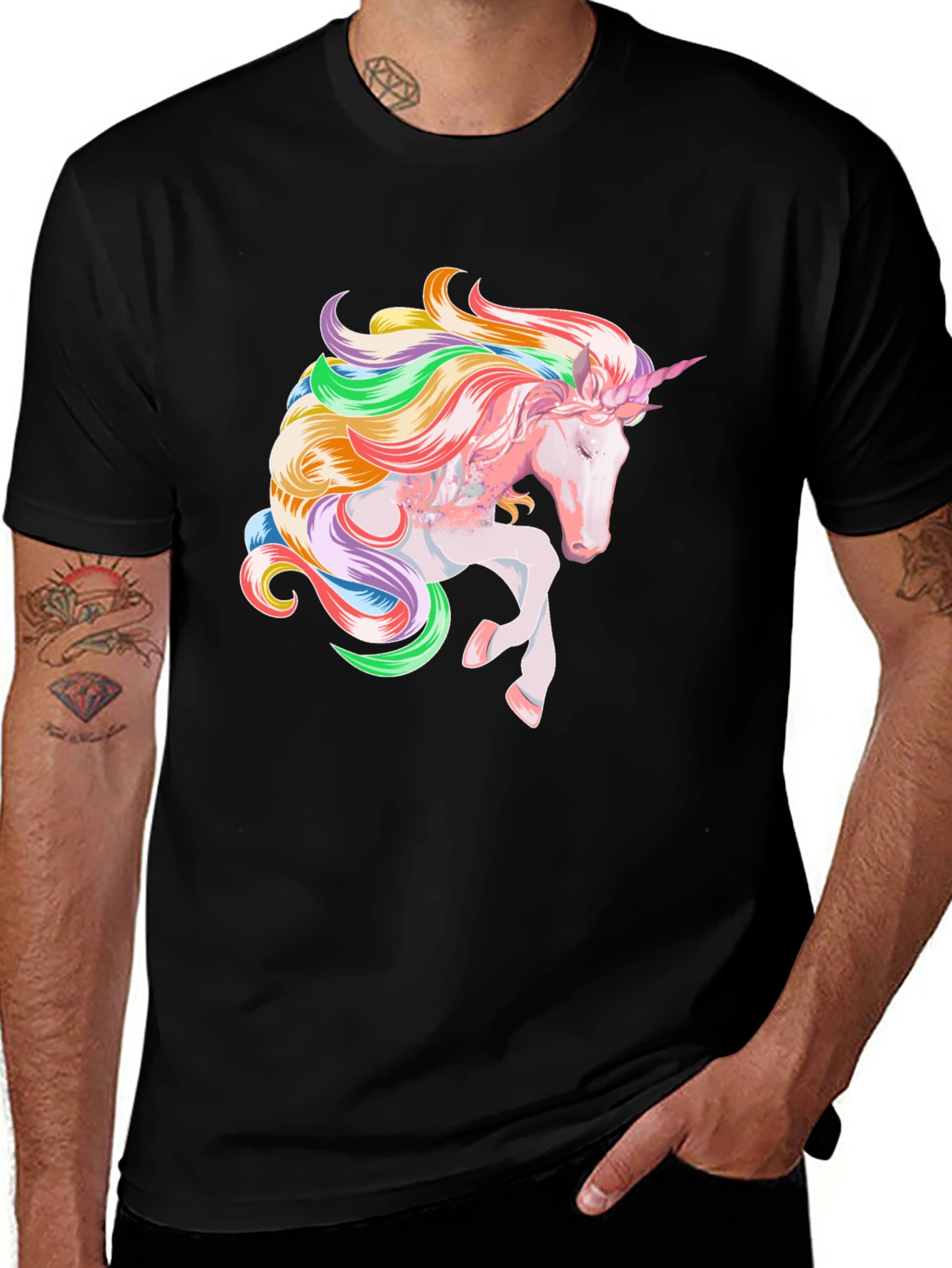 Variant 10 of Rainbow Unicorn Graphic Print Black T-Shirt