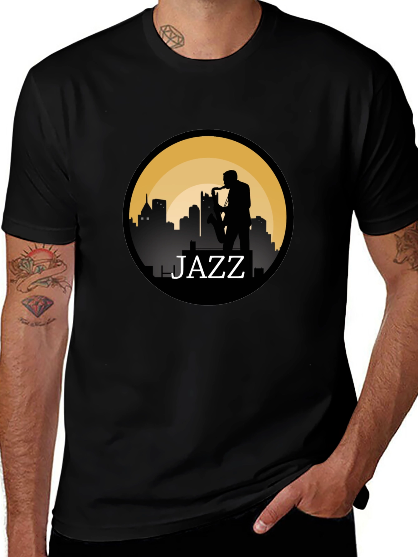 Variant 9 of Jazz Silhouette T-Shirt - Cityscape Saxophone Design