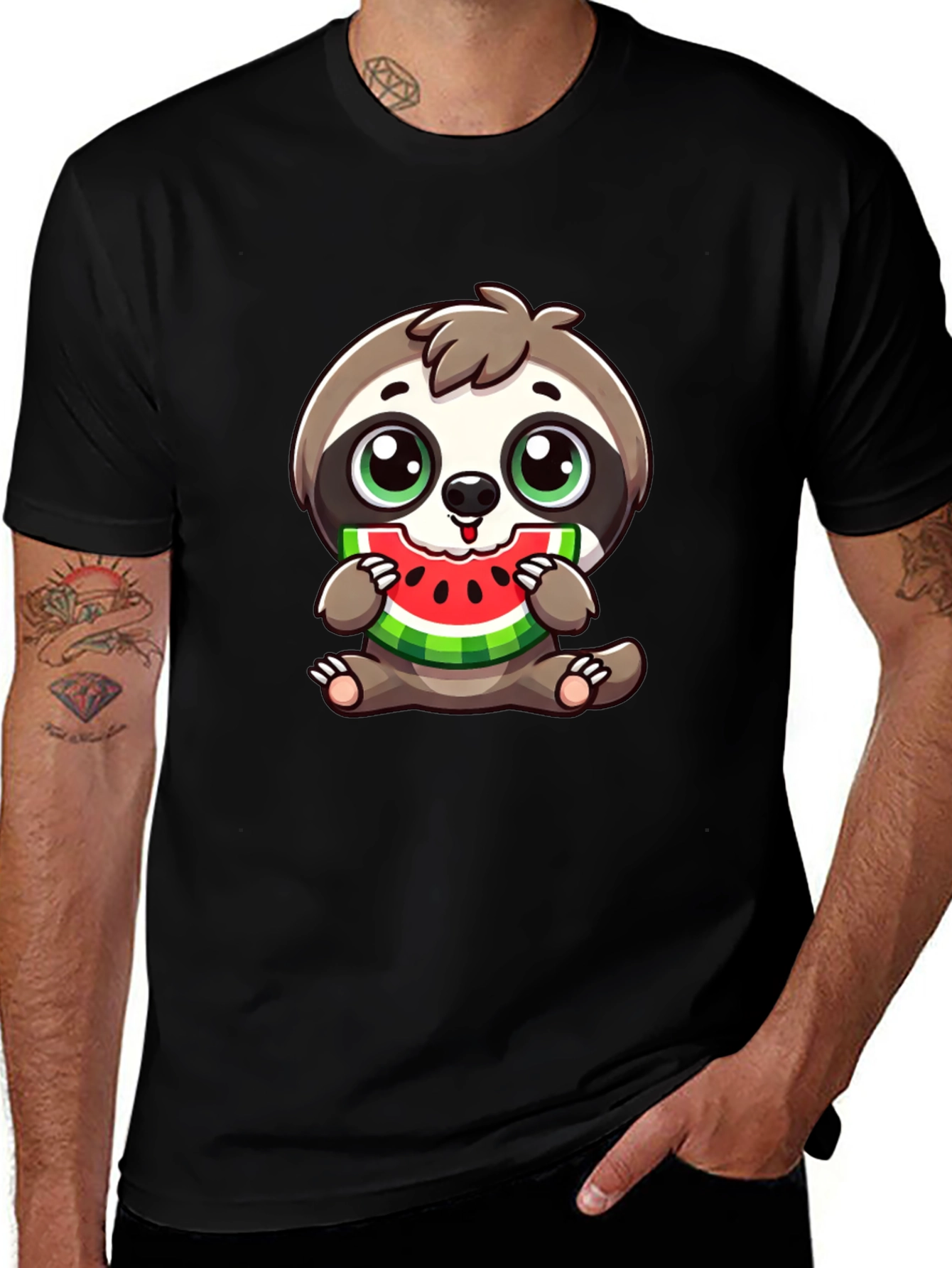 Variant 8 of Sloth Eating Watermelon Black T-Shirt
