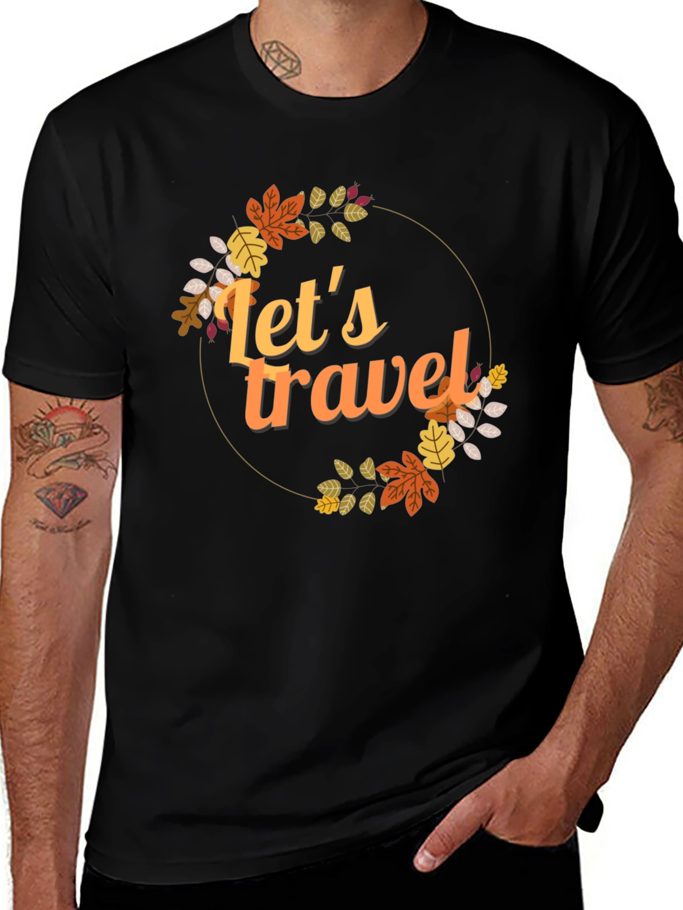Let's Travel Fall Leaves Graphic Tee - Black