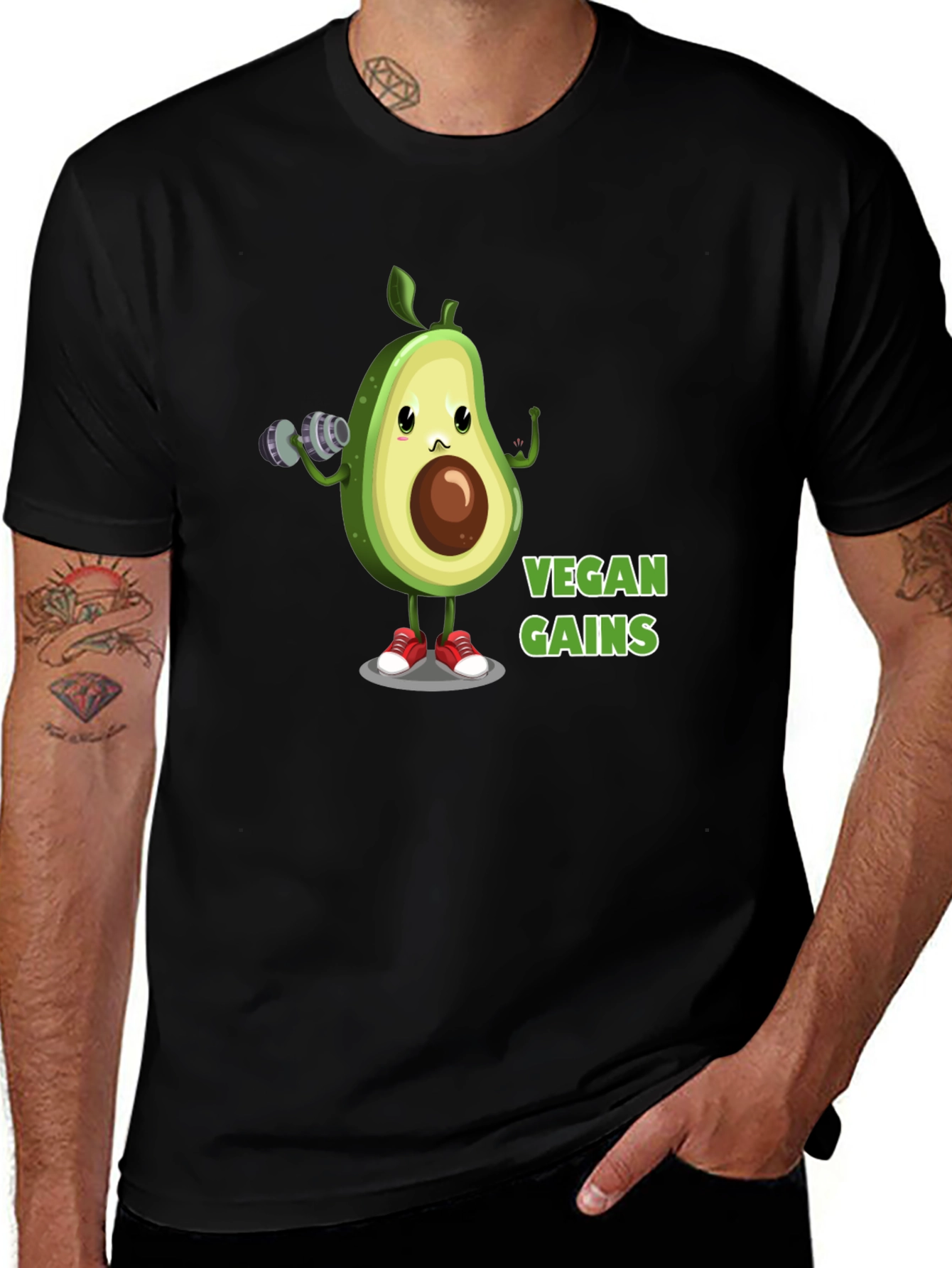Vegan Gains Black T-Shirt Gym Avocado Fitness
