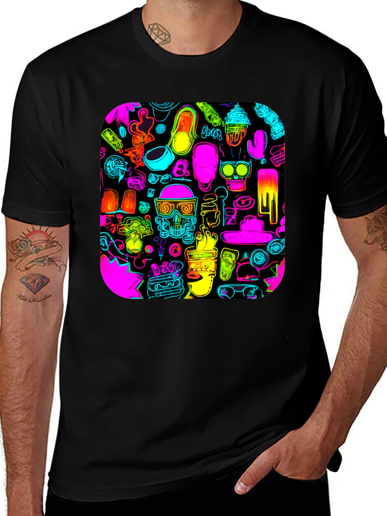 Variant 20 of Neon Doodle Pattern Black T-Shirt